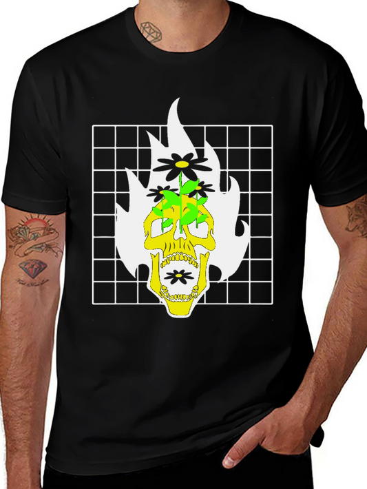 Skull & Flowers Graphic Print T-Shirt - Black