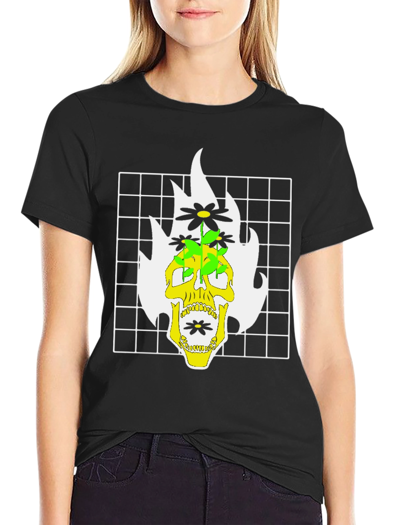 Skull & Flowers Graphic Print T-Shirt - Black