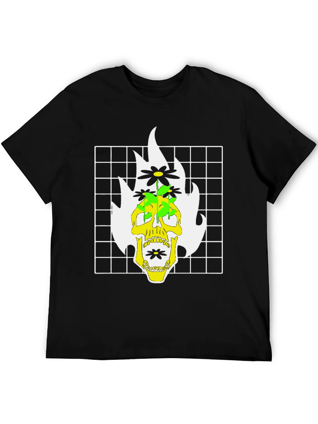 Skull & Flowers Graphic Print T-Shirt - Black