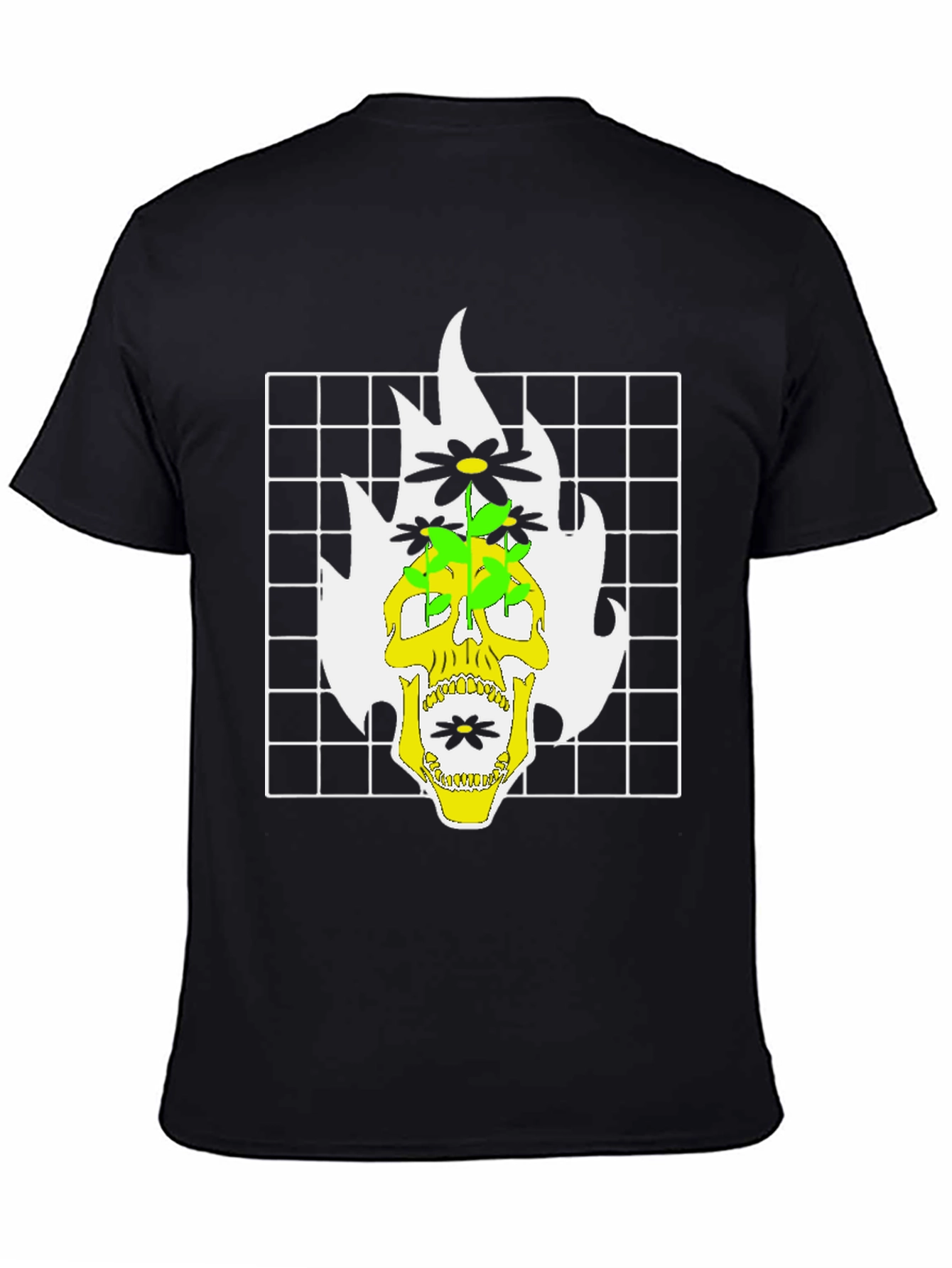 Skull & Flowers Graphic Print T-Shirt - Black