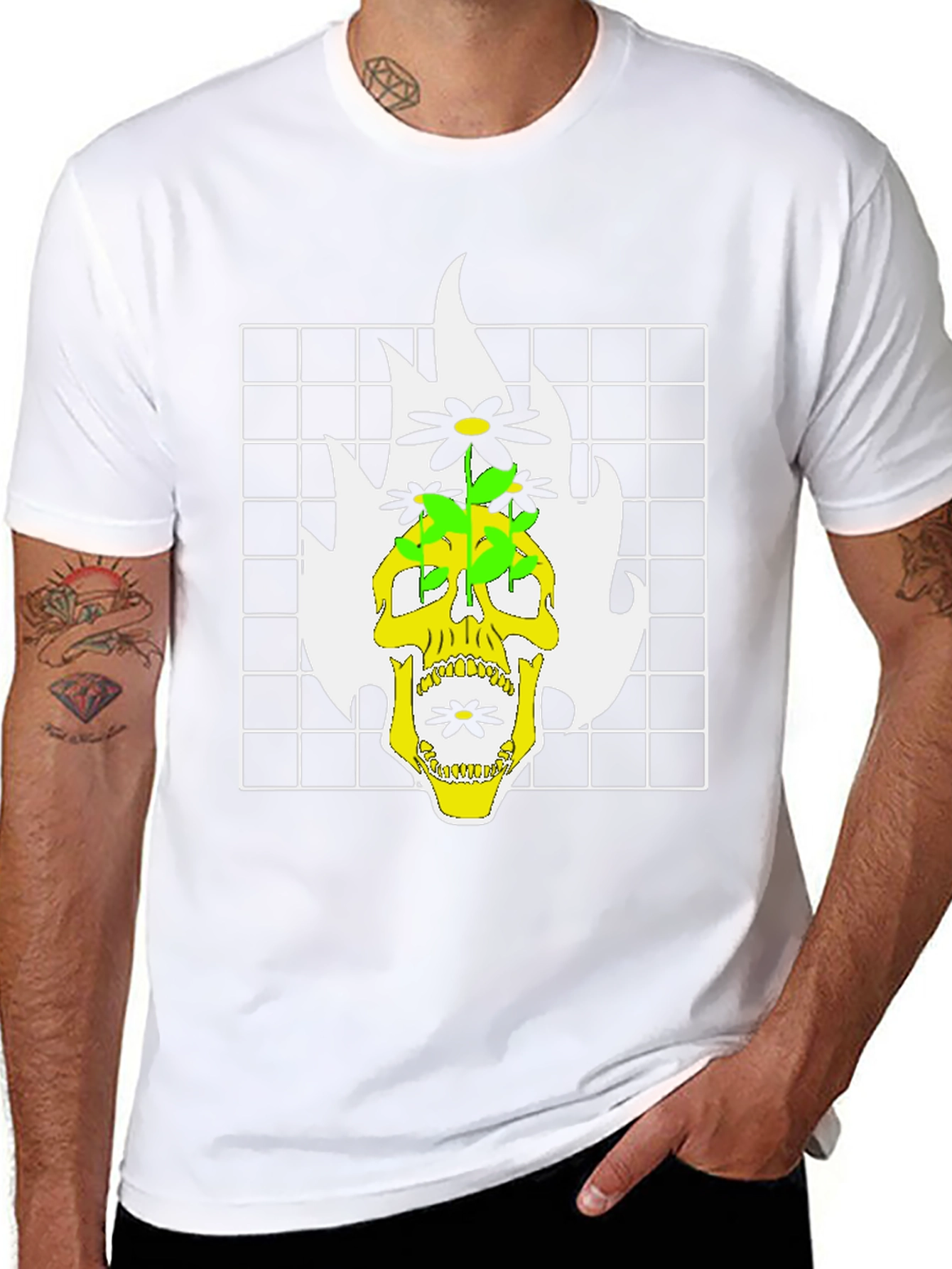 Skull & Flowers Graphic Print T-Shirt - Black
