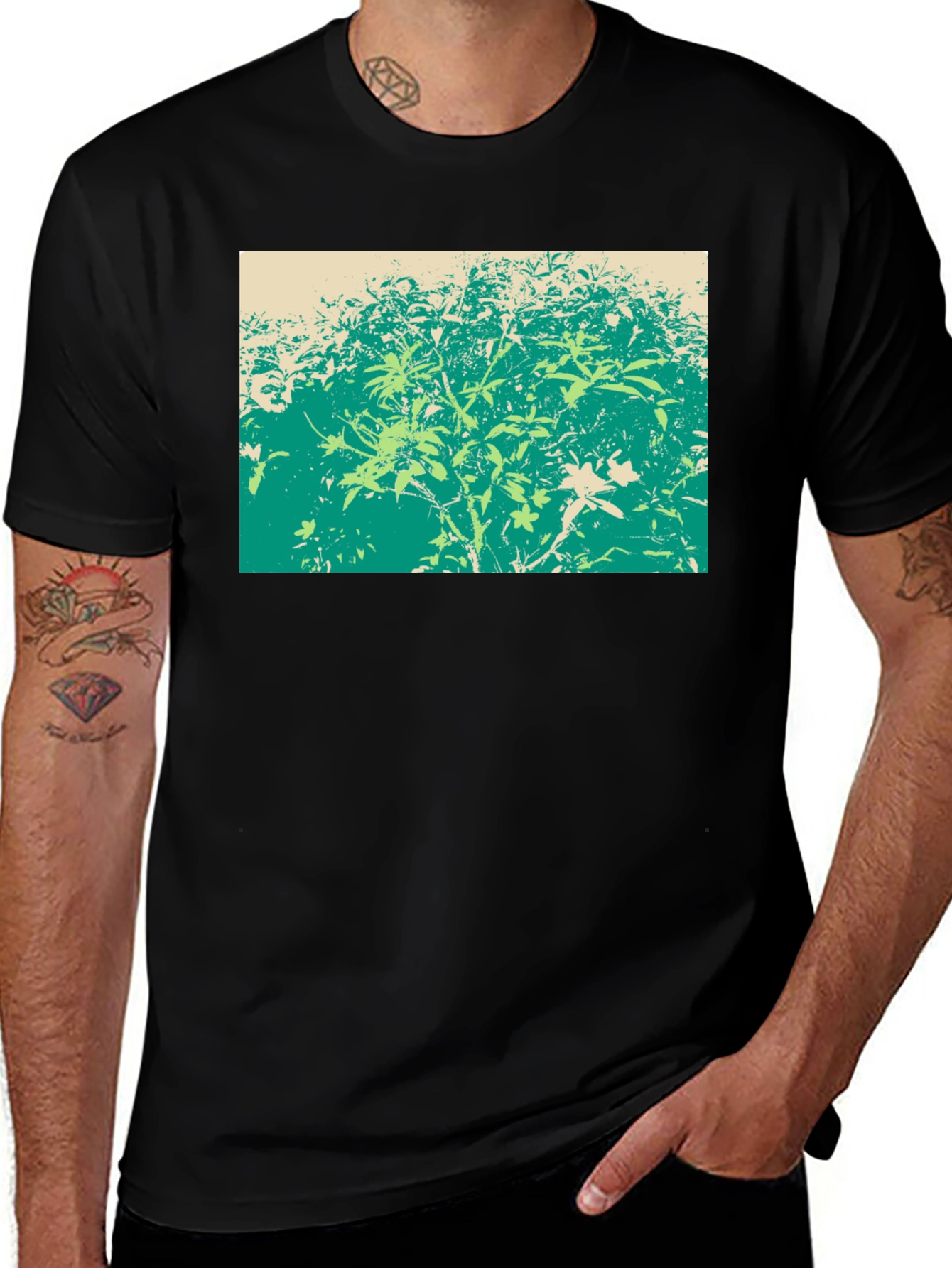 Green Botanical Print Black T-Shirt