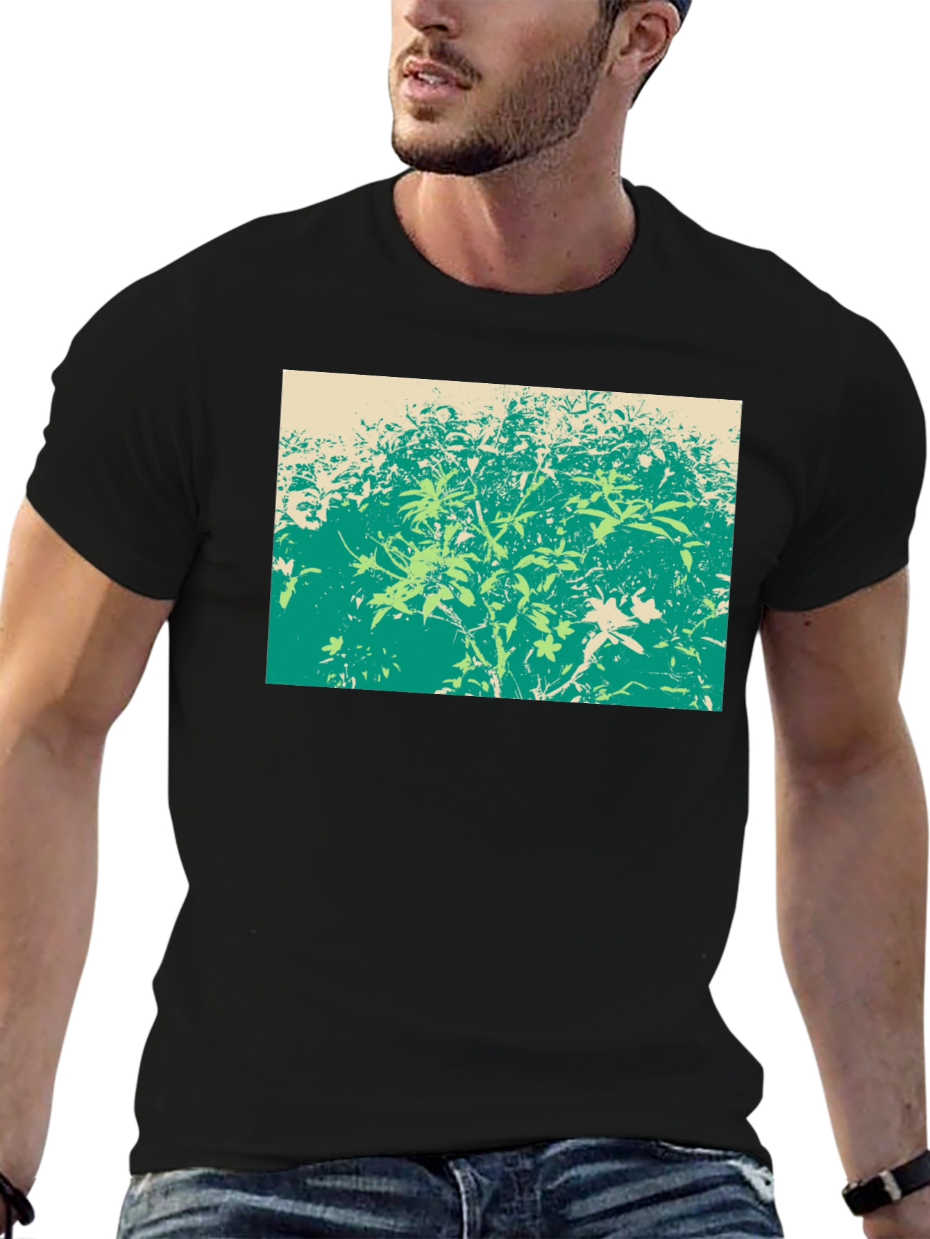 Green Botanical Print Black T-Shirt