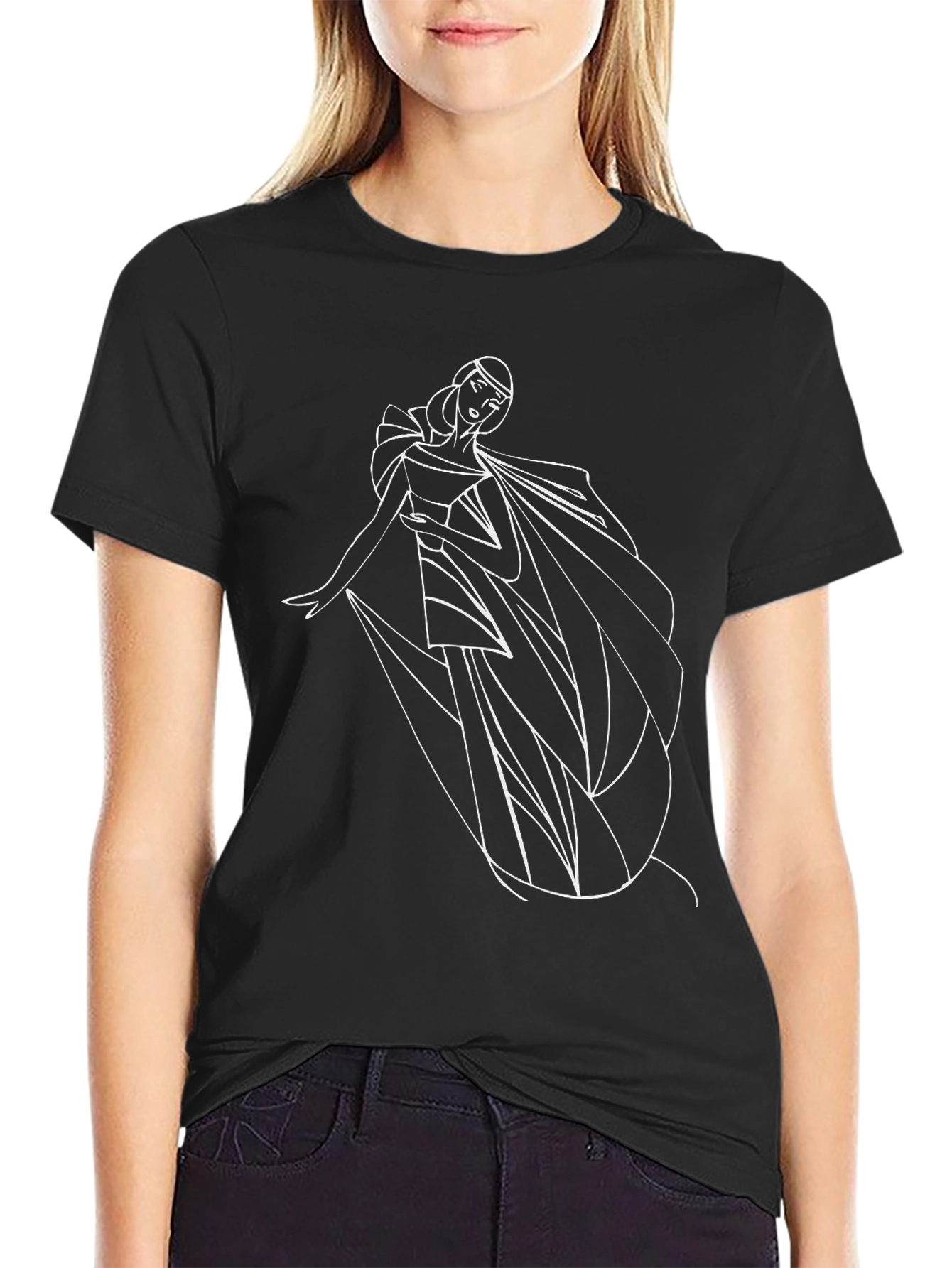 Elegant Woman Line Art Black T-Shirt