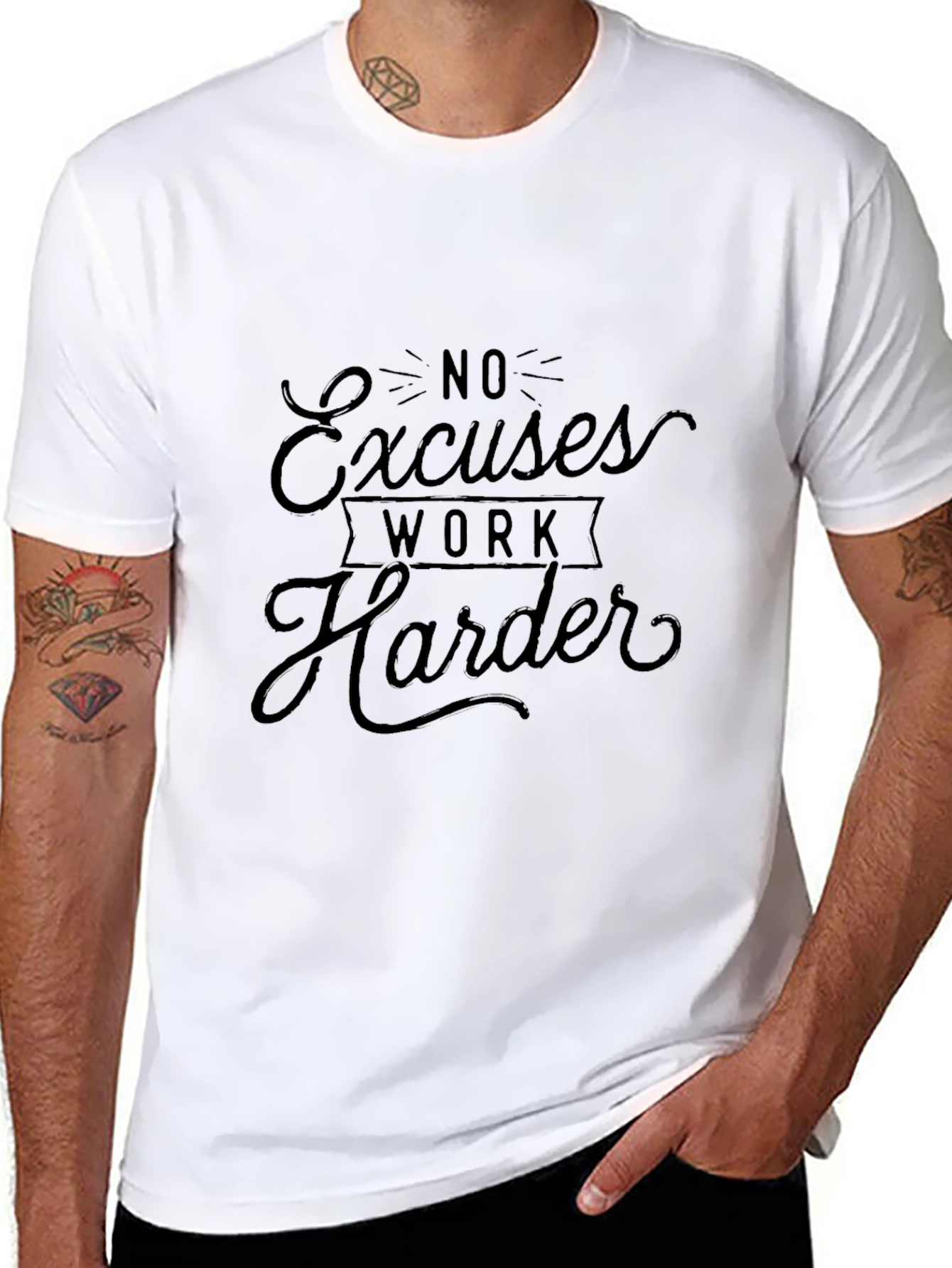 Motivational Black T-Shirt: No Excuses Work Harder
