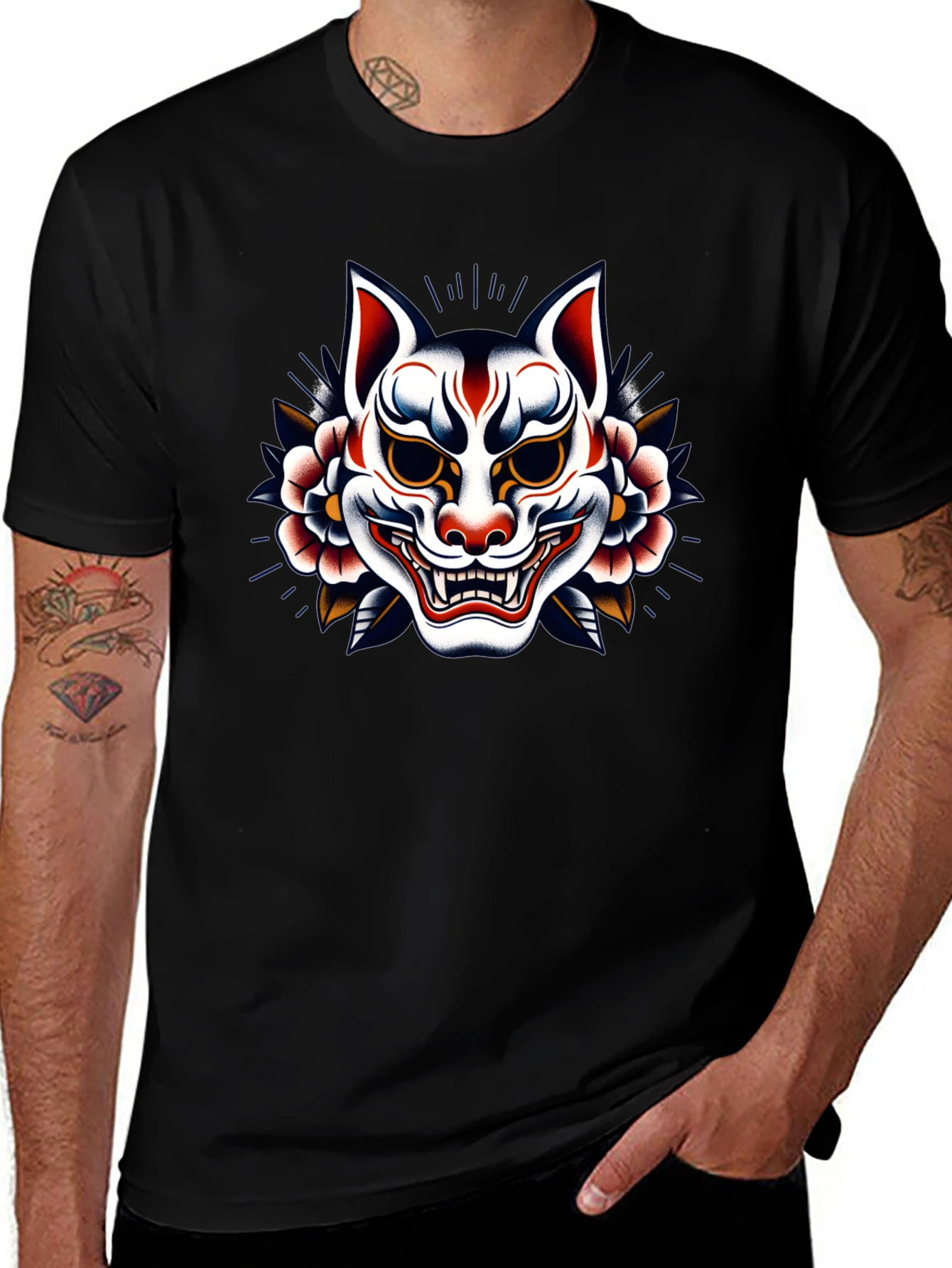 Japanese Kitsune Mask Graphic Black T-Shirt