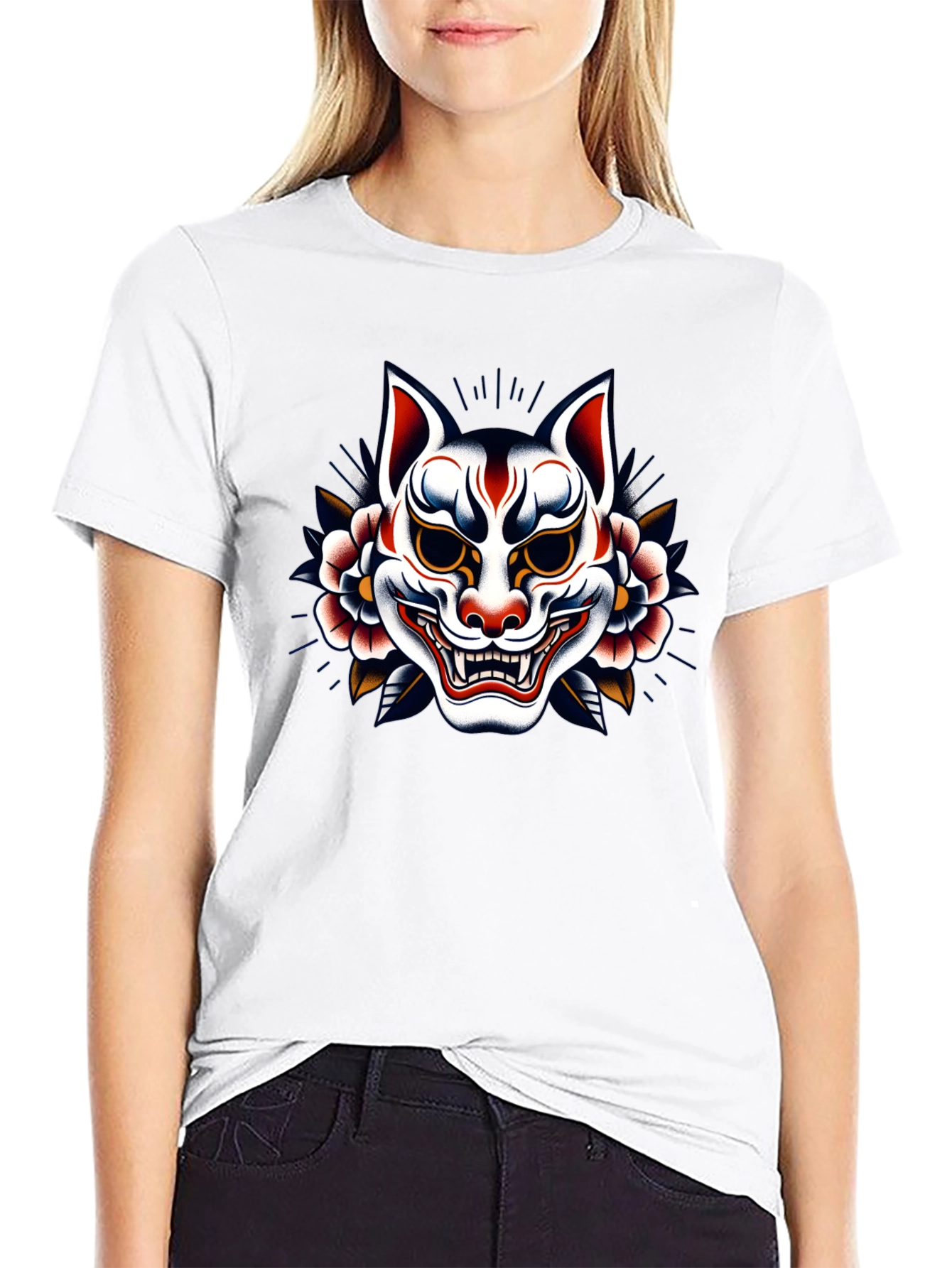 Japanese Kitsune Mask Graphic Black T-Shirt