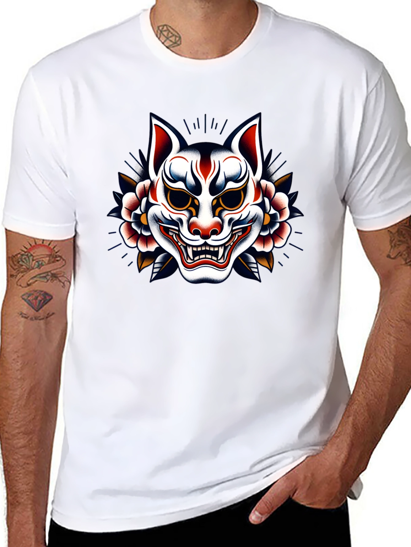 Japanese Kitsune Mask Graphic Black T-Shirt