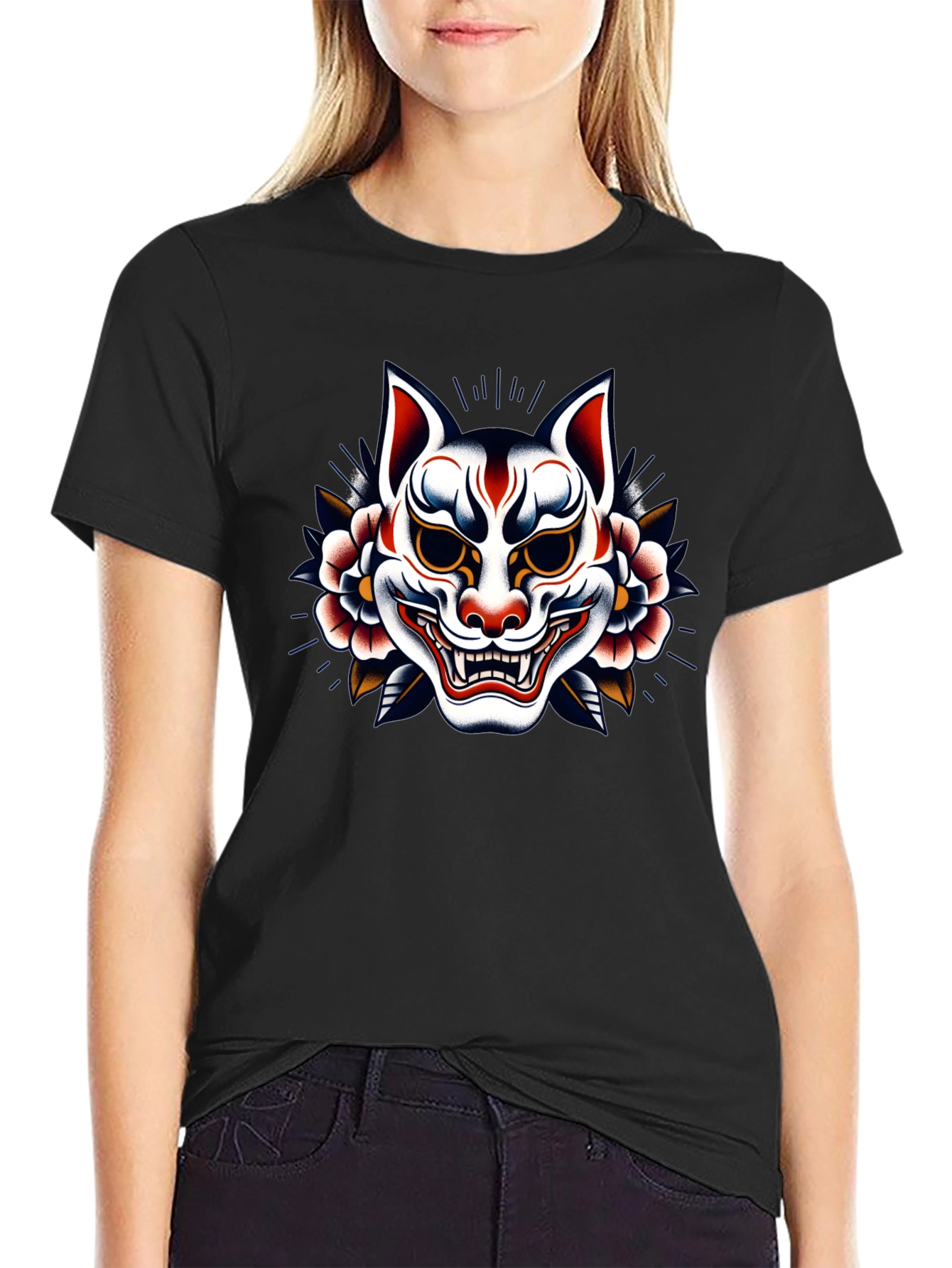 Japanese Kitsune Mask Graphic Black T-Shirt