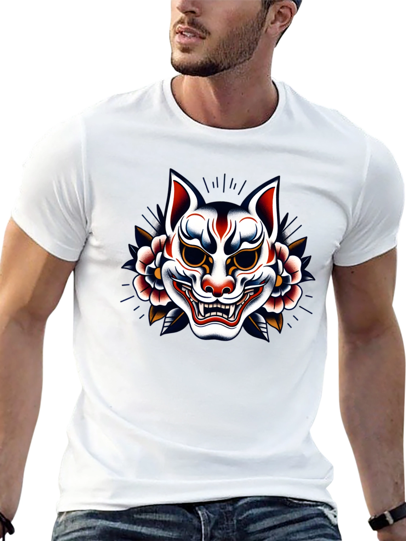 Japanese Kitsune Mask Graphic Black T-Shirt