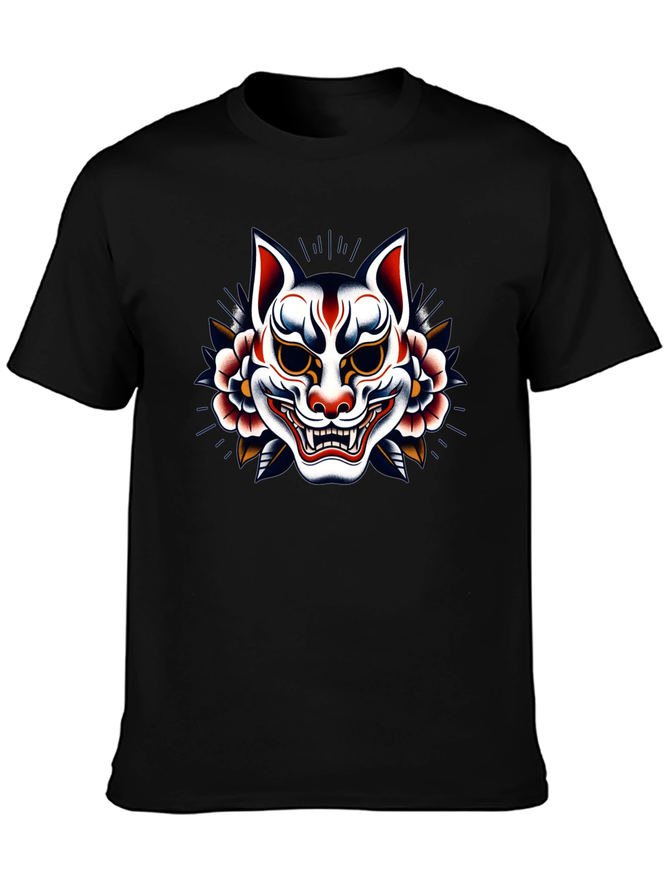 Japanese Kitsune Mask Graphic Black T-Shirt