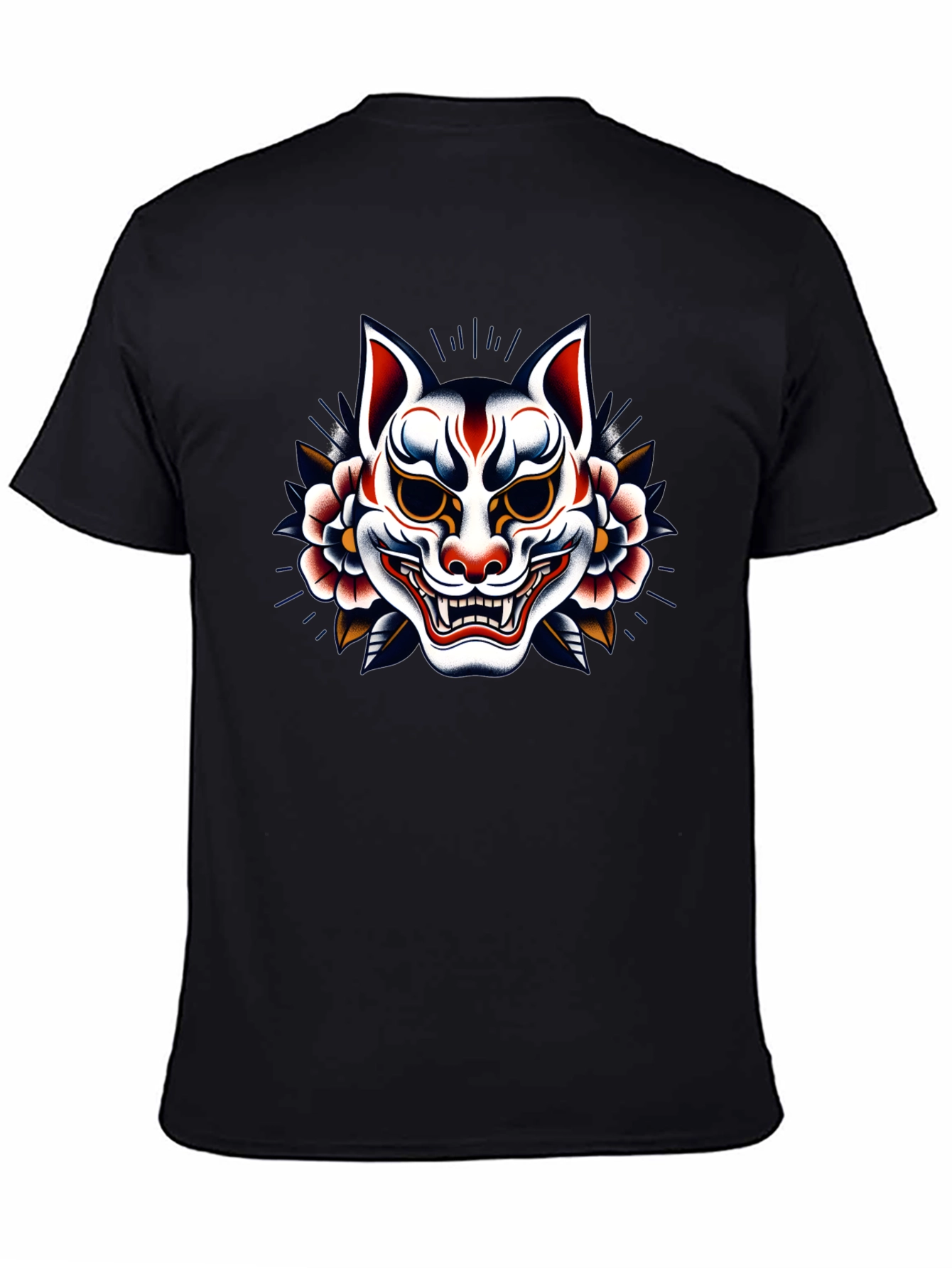 Japanese Kitsune Mask Graphic Black T-Shirt