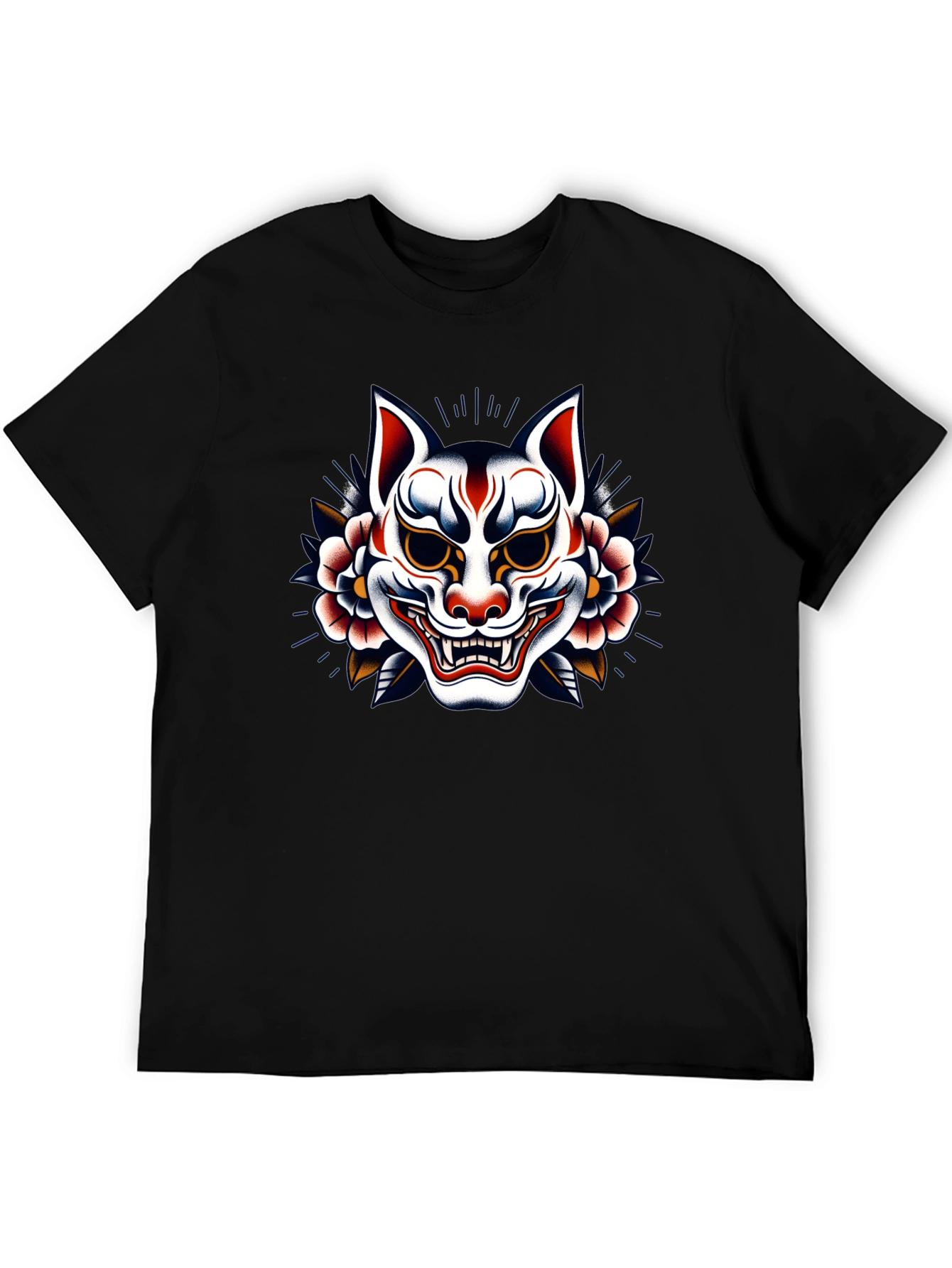 Japanese Kitsune Mask Graphic Black T-Shirt