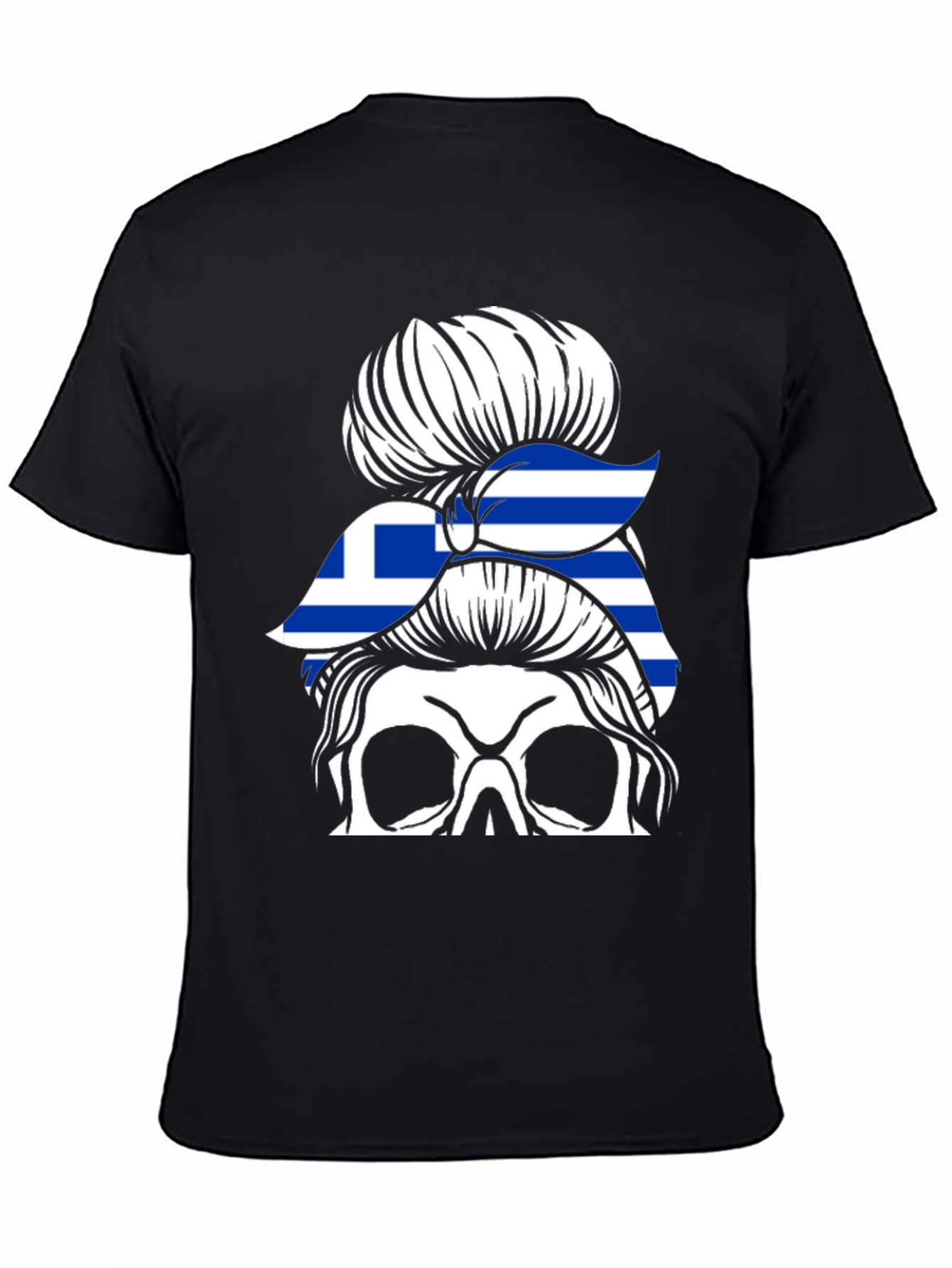 Greek Flag Skull Messy Bun T-Shirt
