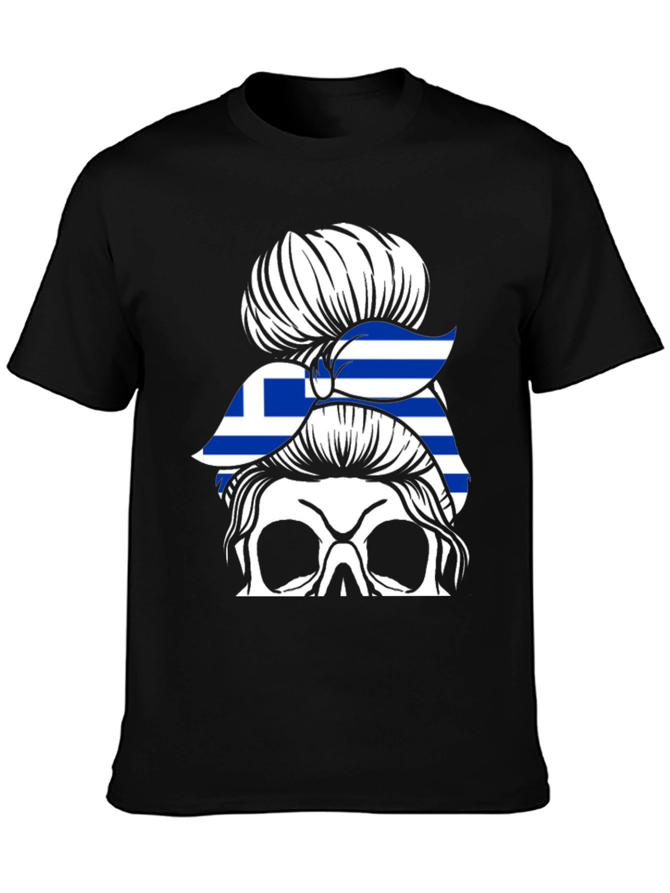 Greek Flag Skull Messy Bun T-Shirt