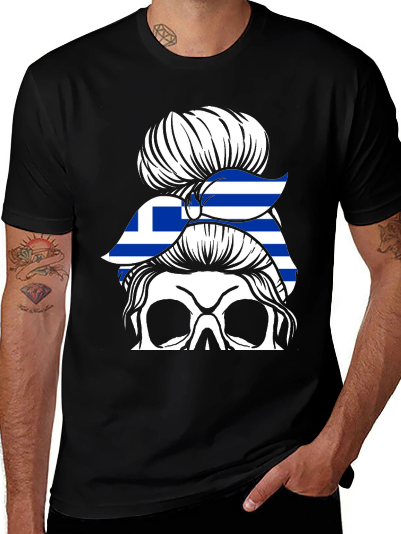 Greek Flag Skull Messy Bun T-Shirt