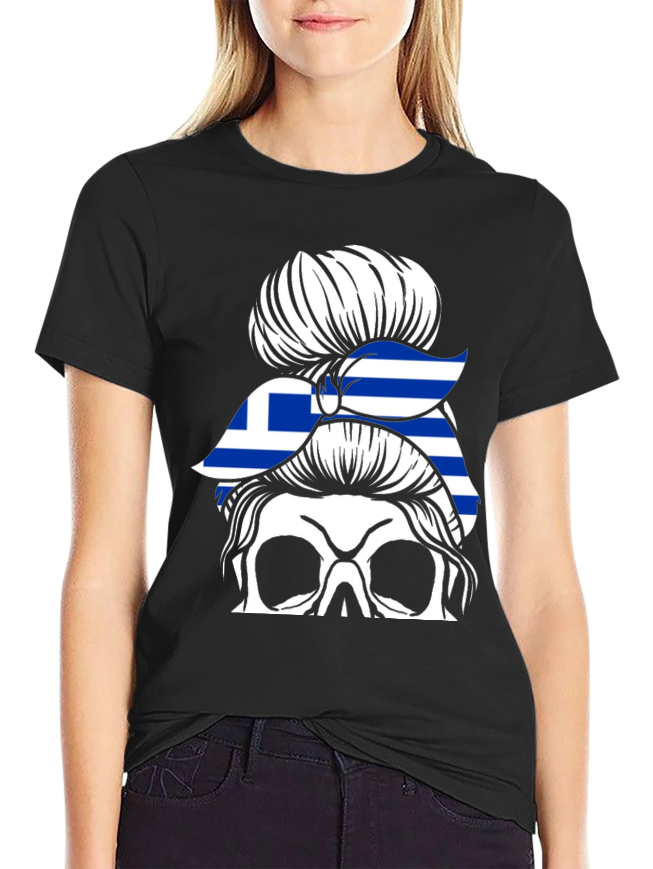 Greek Flag Skull Messy Bun T-Shirt