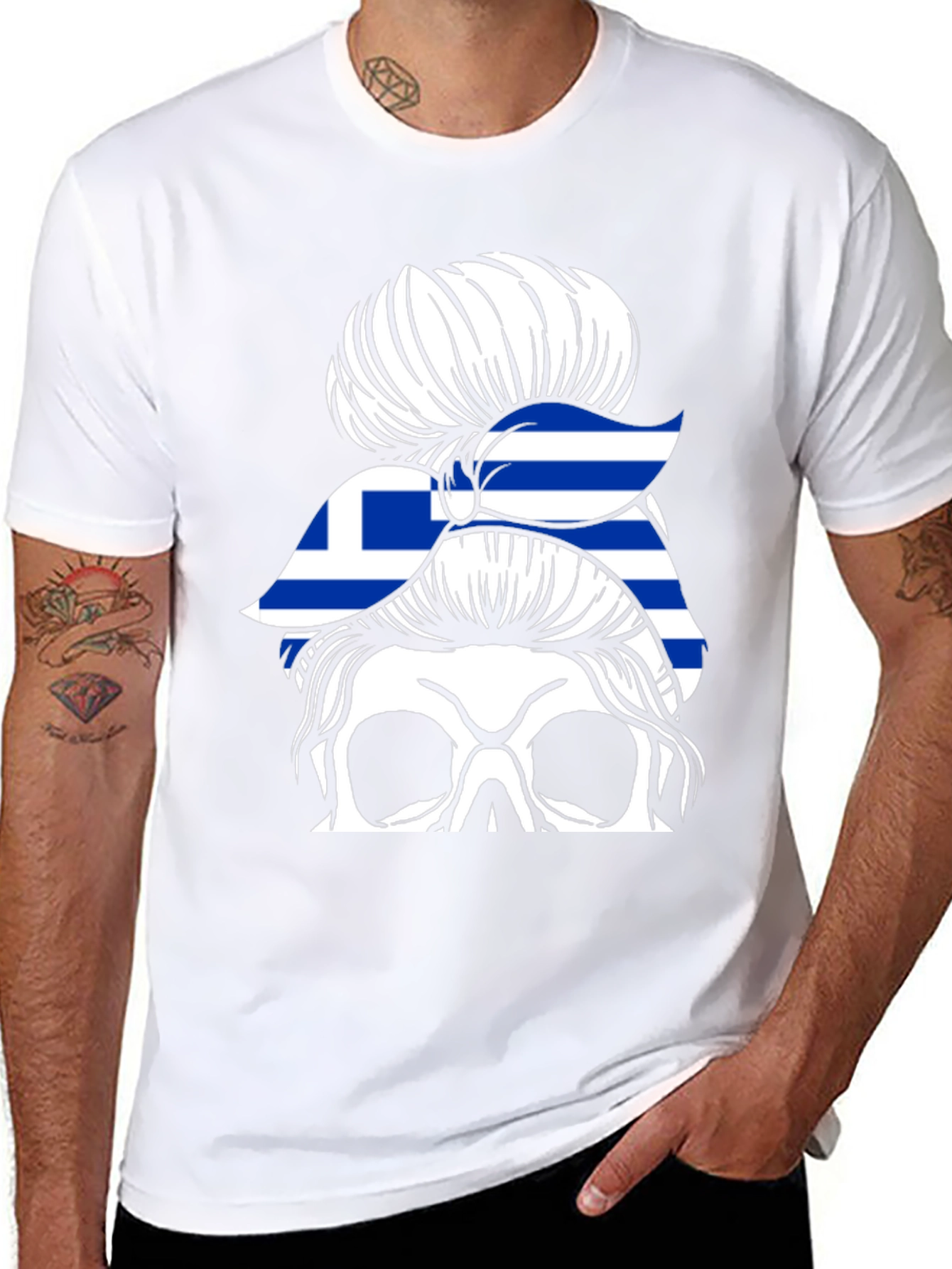 Greek Flag Skull Messy Bun T-Shirt