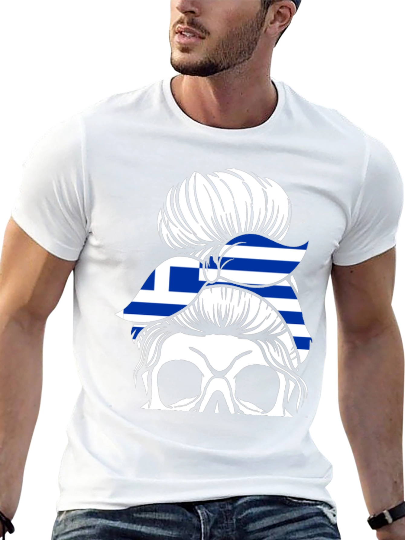 Greek Flag Skull Messy Bun T-Shirt