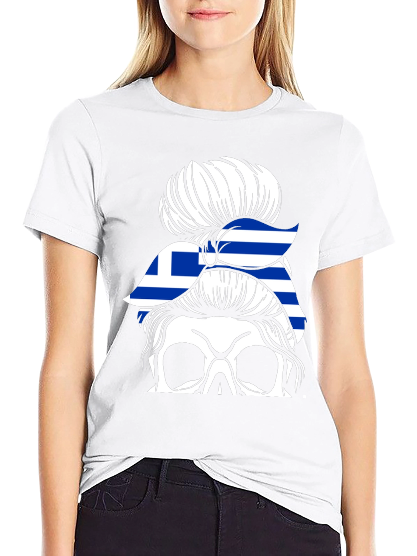 Greek Flag Skull Messy Bun T-Shirt