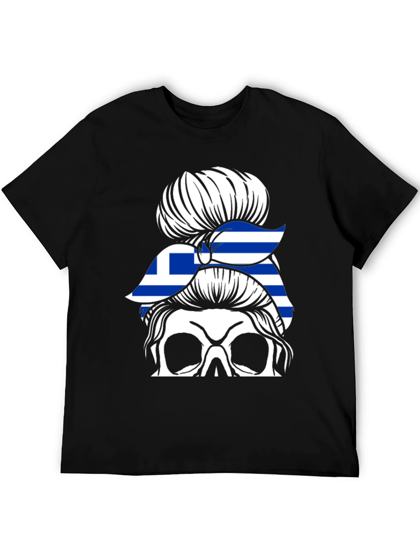 Greek Flag Skull Messy Bun T-Shirt