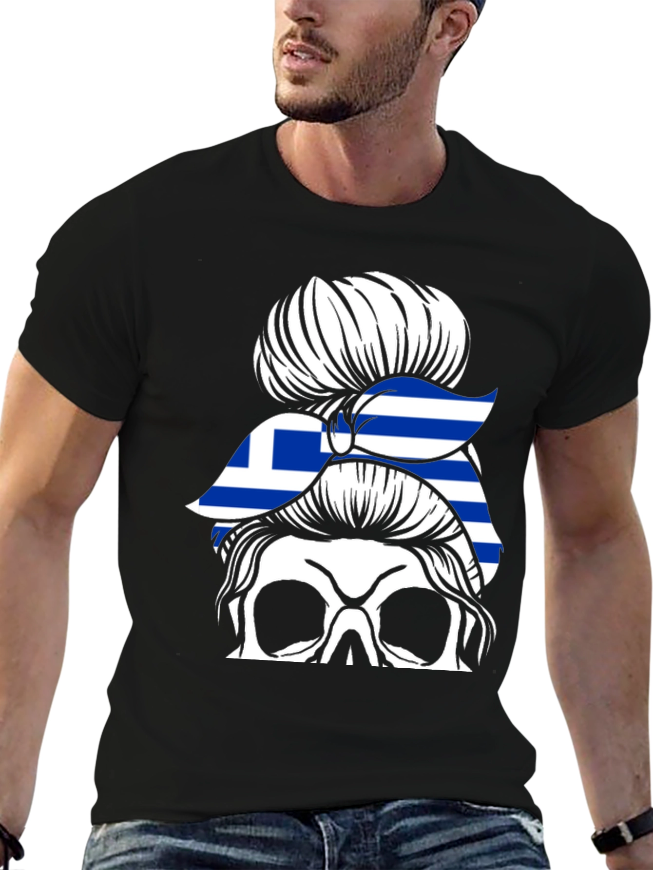 Greek Flag Skull Messy Bun T-Shirt