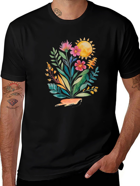 Floral Sun Graphic Tee - Stylish Black T-Shirt