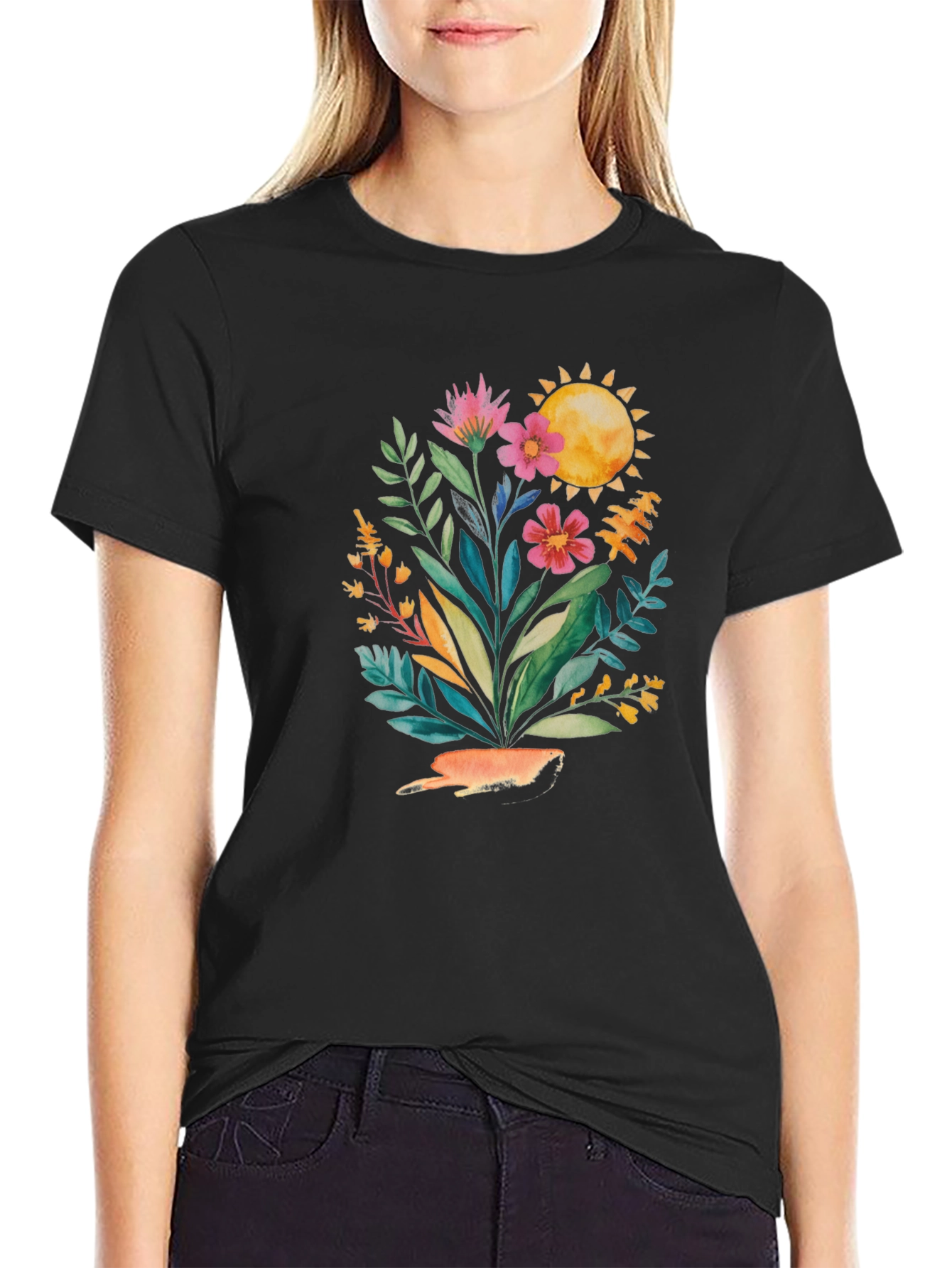 Floral Sun Graphic Tee - Stylish Black T-Shirt