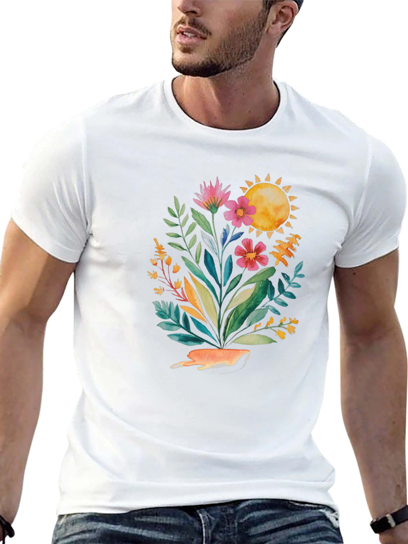 Floral Sun Graphic Tee - Stylish Black T-Shirt