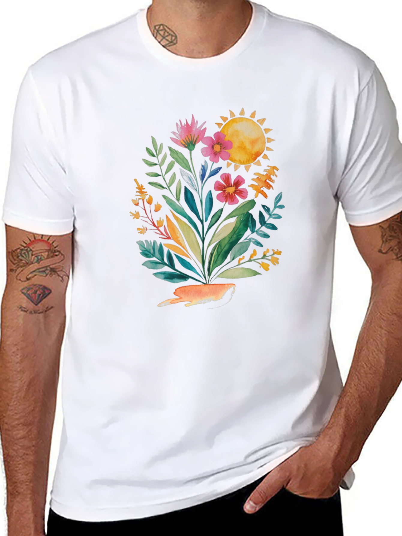Floral Sun Graphic Tee - Stylish Black T-Shirt