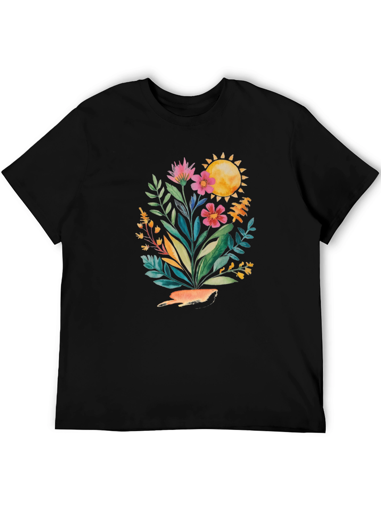 Floral Sun Graphic Tee - Stylish Black T-Shirt