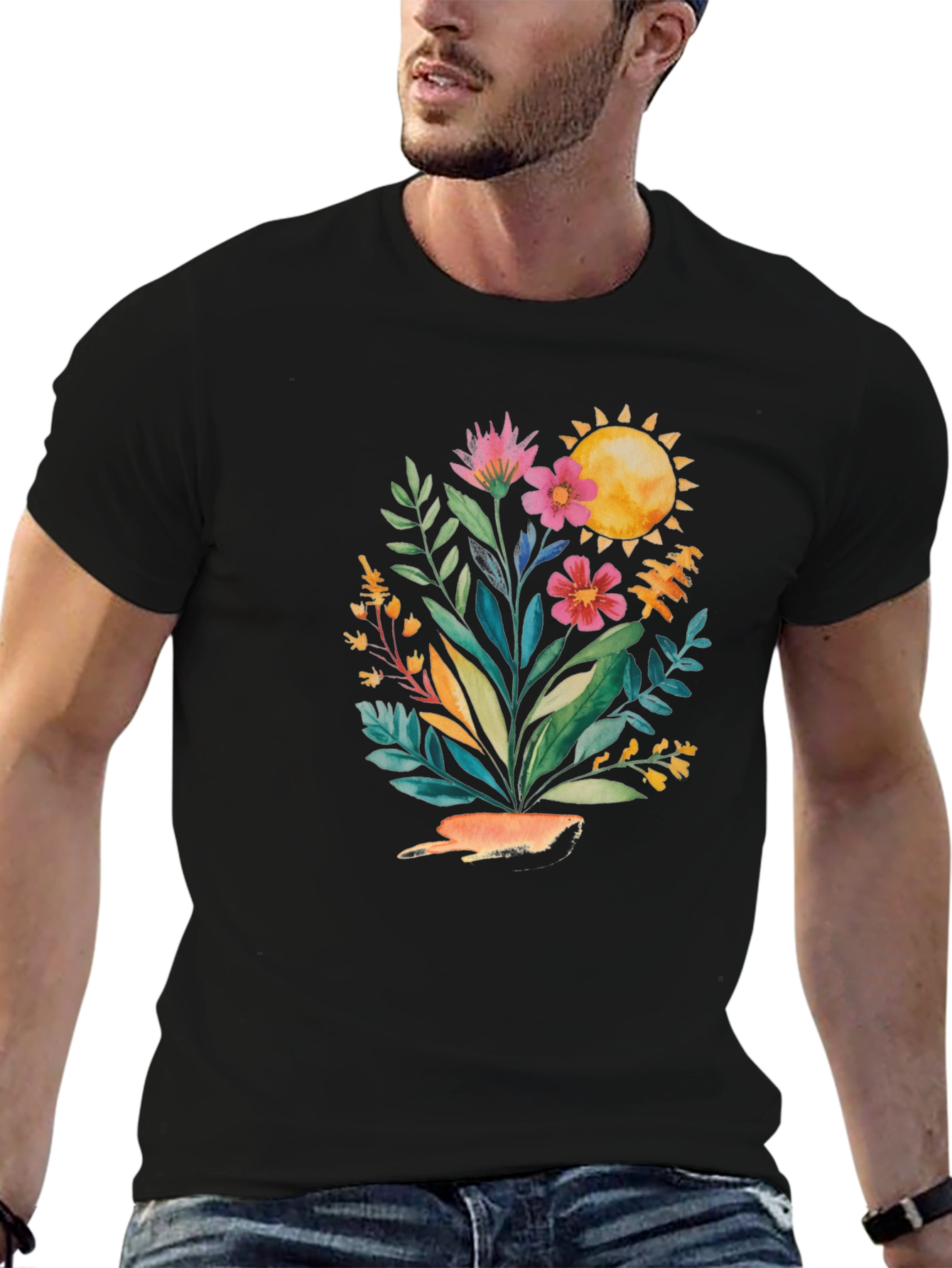 Floral Sun Graphic Tee - Stylish Black T-Shirt