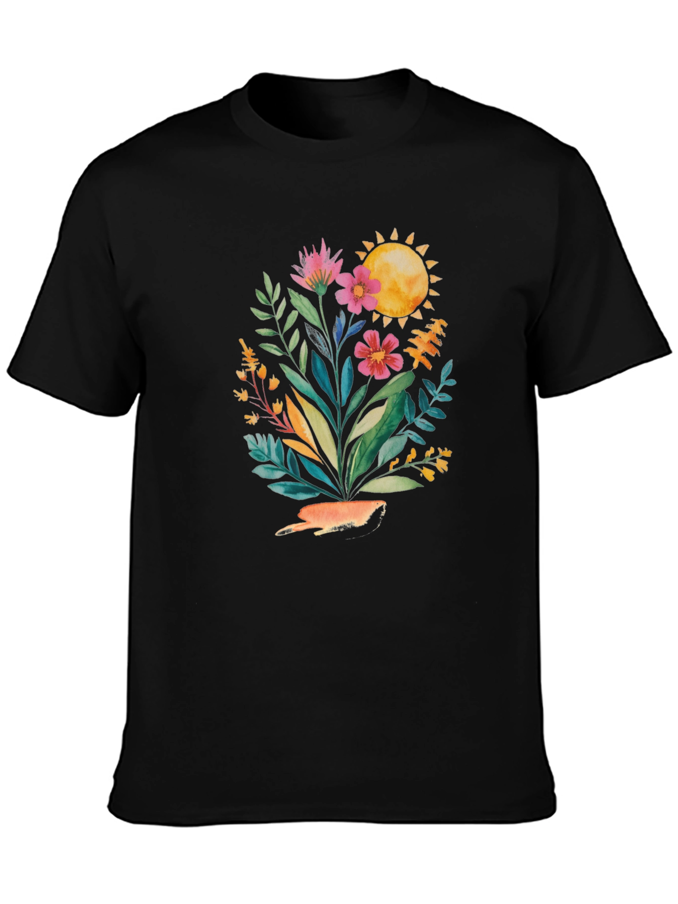 Floral Sun Graphic Tee - Stylish Black T-Shirt