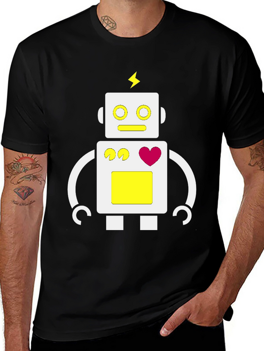 Fun Robot Graphic Tee - Black Cotton Blend