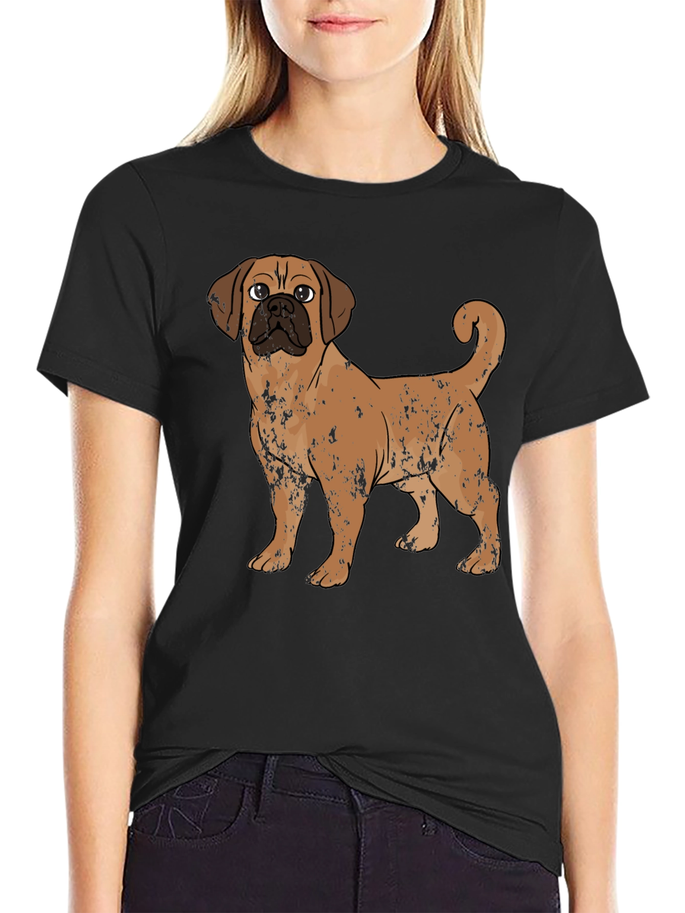 Puggle Dog Graphic Print Black T-Shirt
