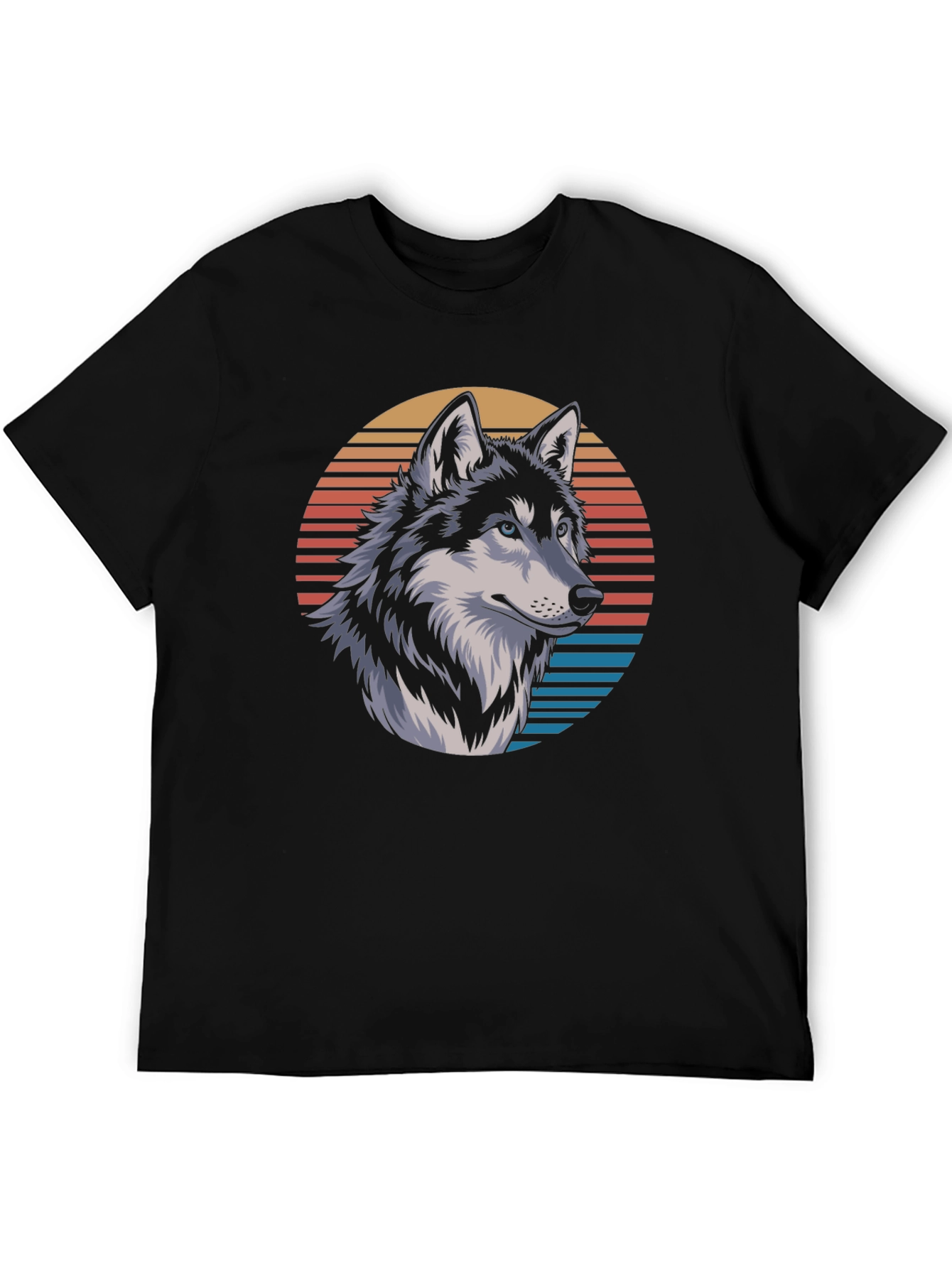 Wolf Graphic Tee - Retro Sunset Design Black T-Shirt