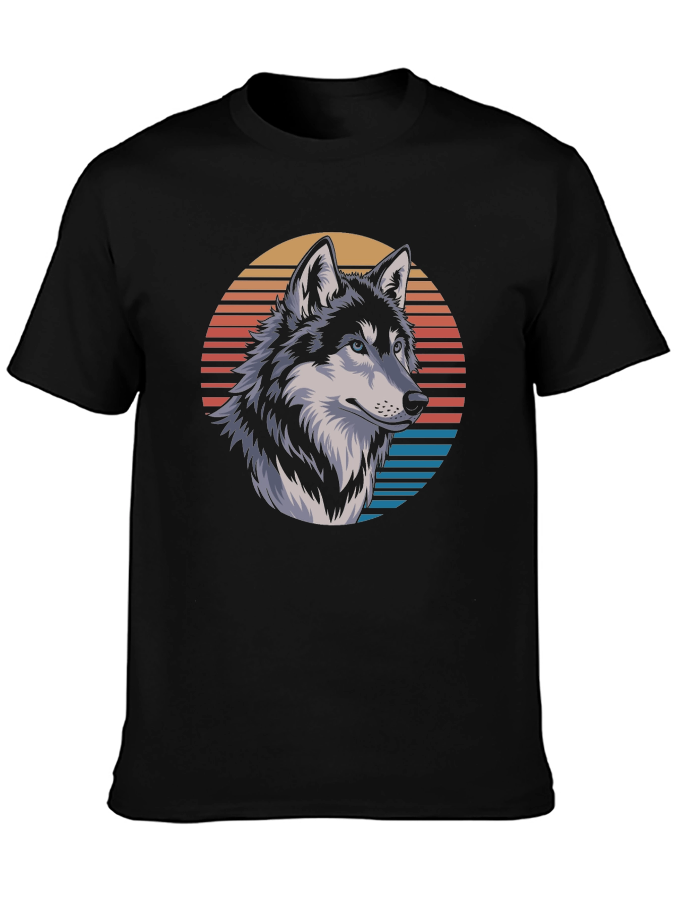 Wolf Graphic Tee - Retro Sunset Design Black T-Shirt