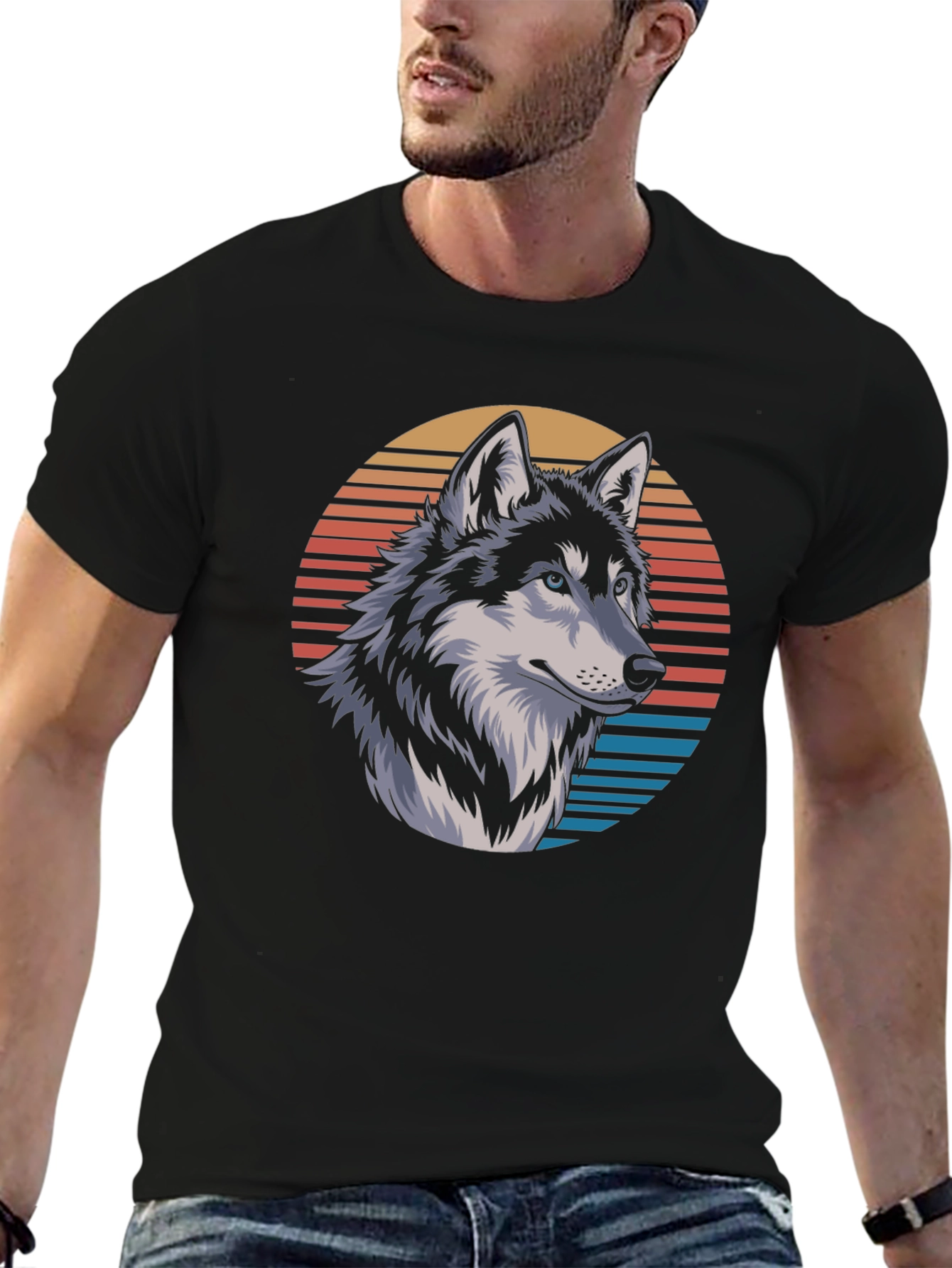 Wolf Graphic Tee - Retro Sunset Design Black T-Shirt