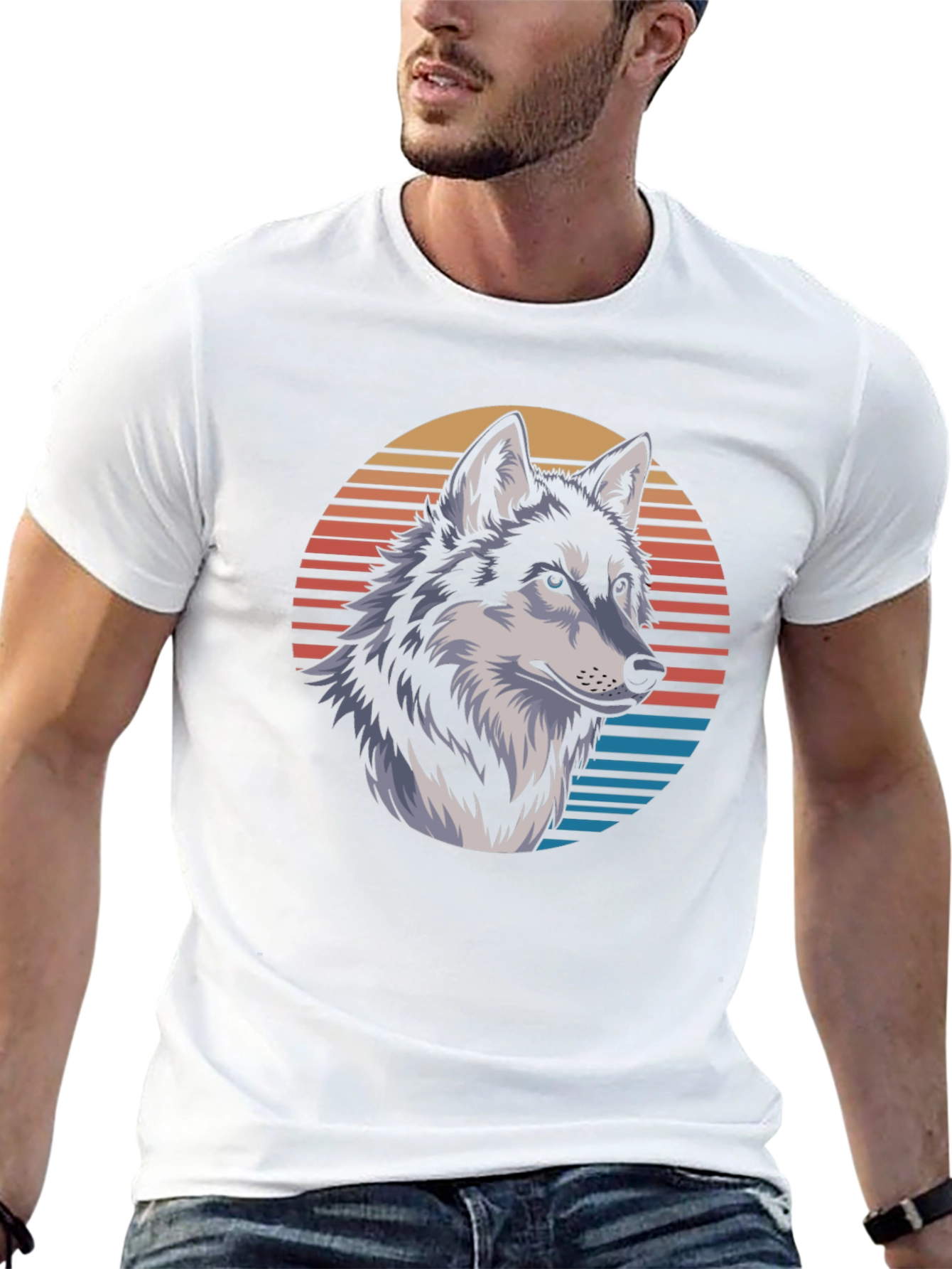Wolf Graphic Tee - Retro Sunset Design Black T-Shirt