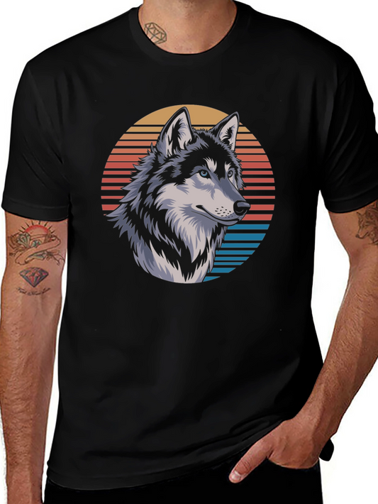 Wolf Graphic Tee - Retro Sunset Design Black T-Shirt