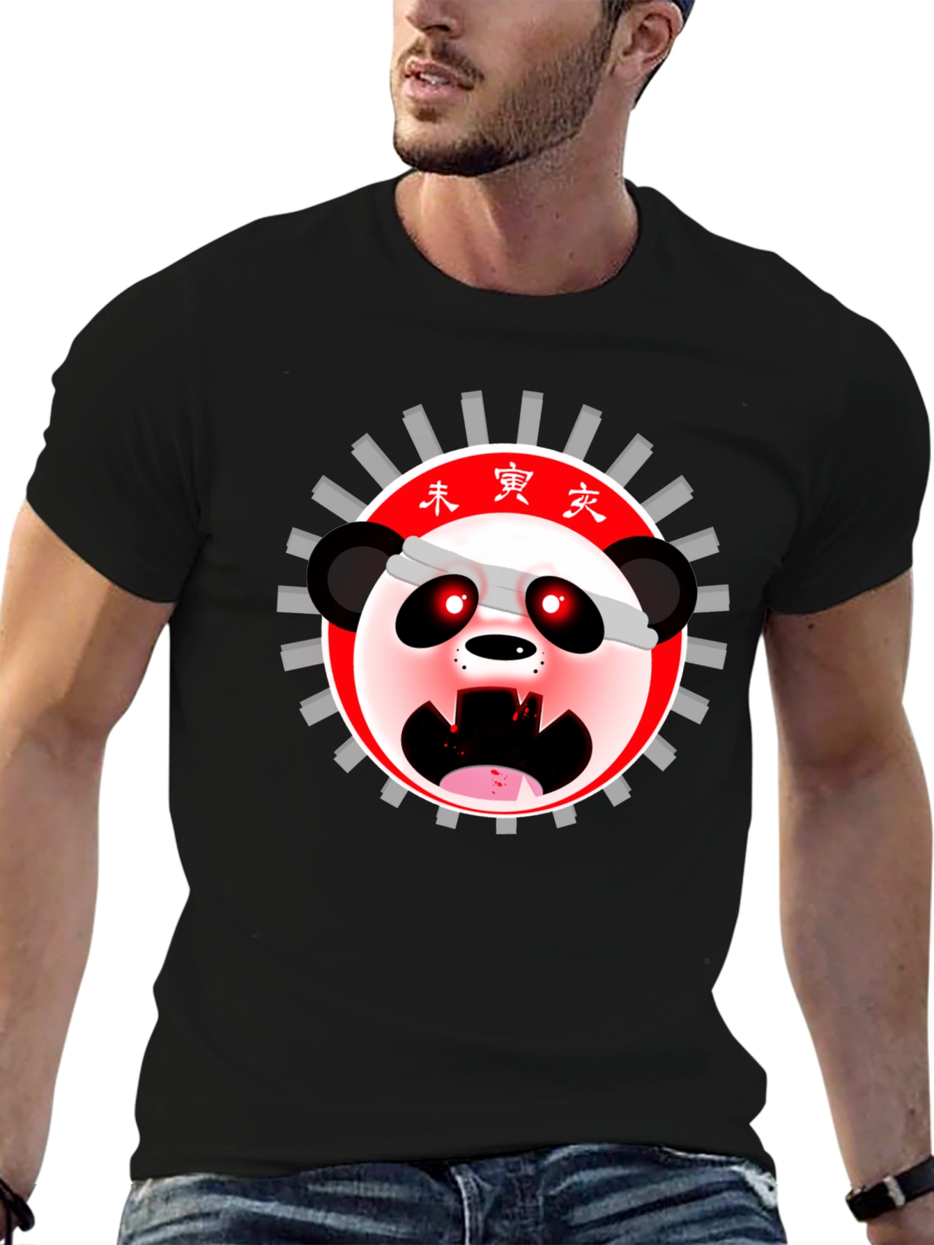 Mens Black T-Shirt with Anime Panda Graphic