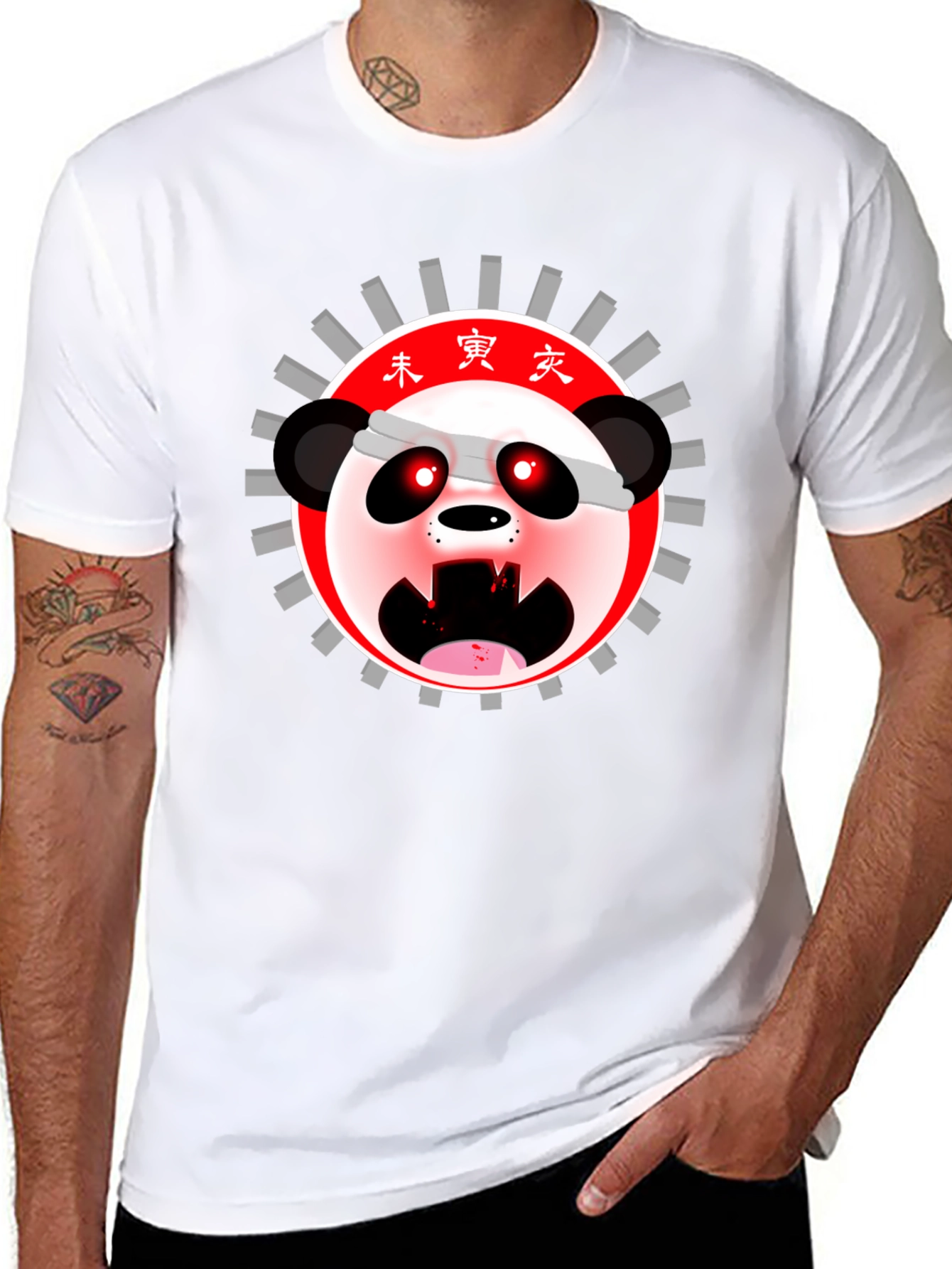 Mens Black T-Shirt with Anime Panda Graphic