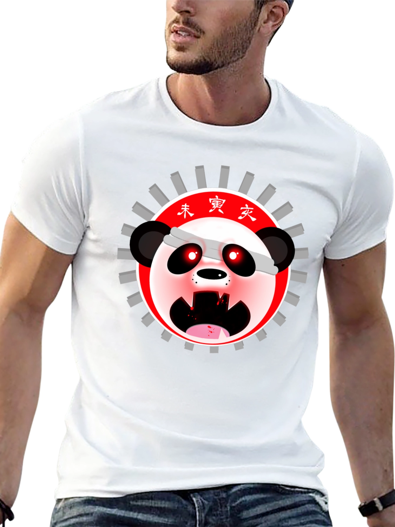 Mens Black T-Shirt with Anime Panda Graphic