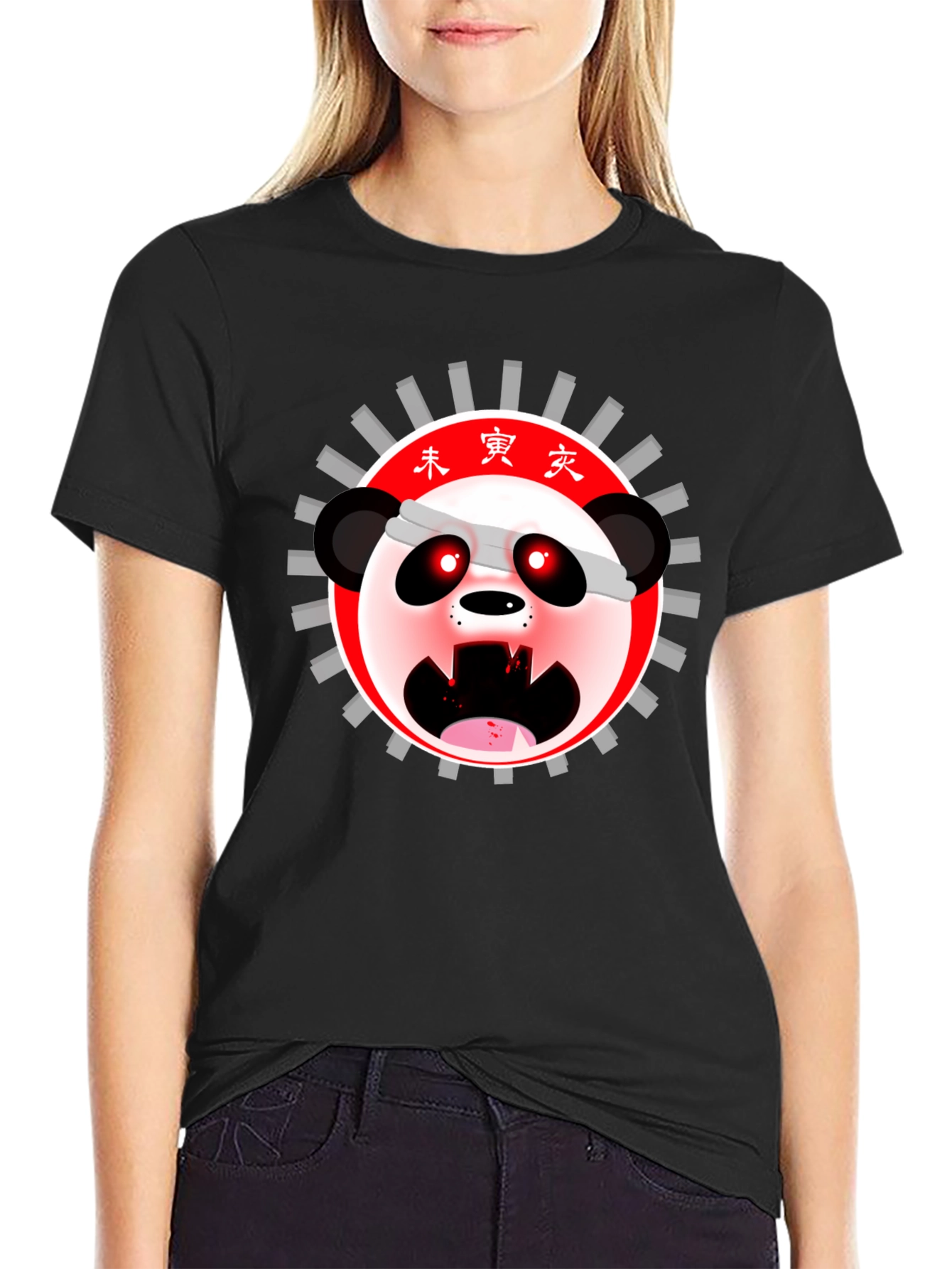Mens Black T-Shirt with Anime Panda Graphic