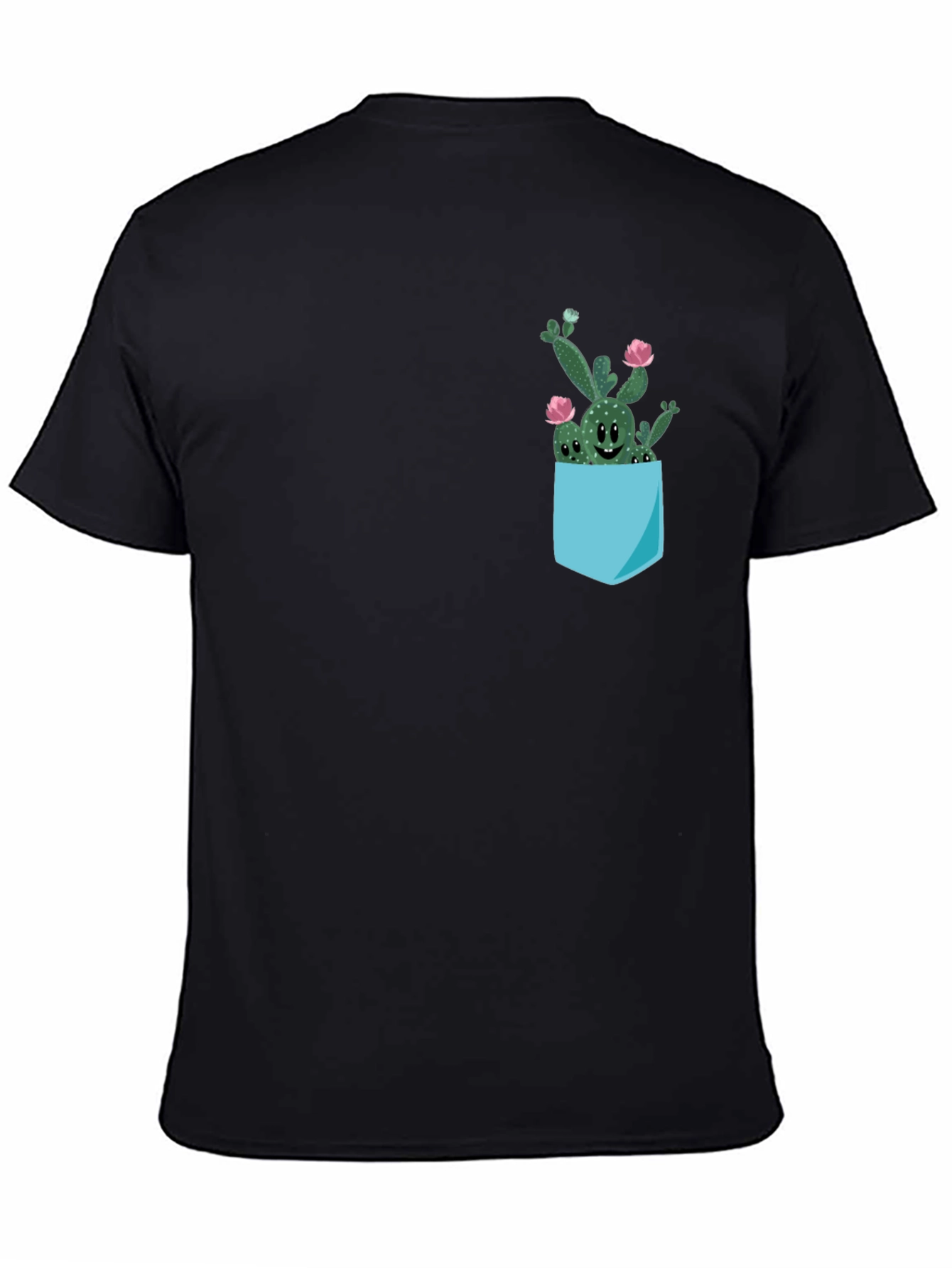 Cute Cactus Pocket Black T-Shirt