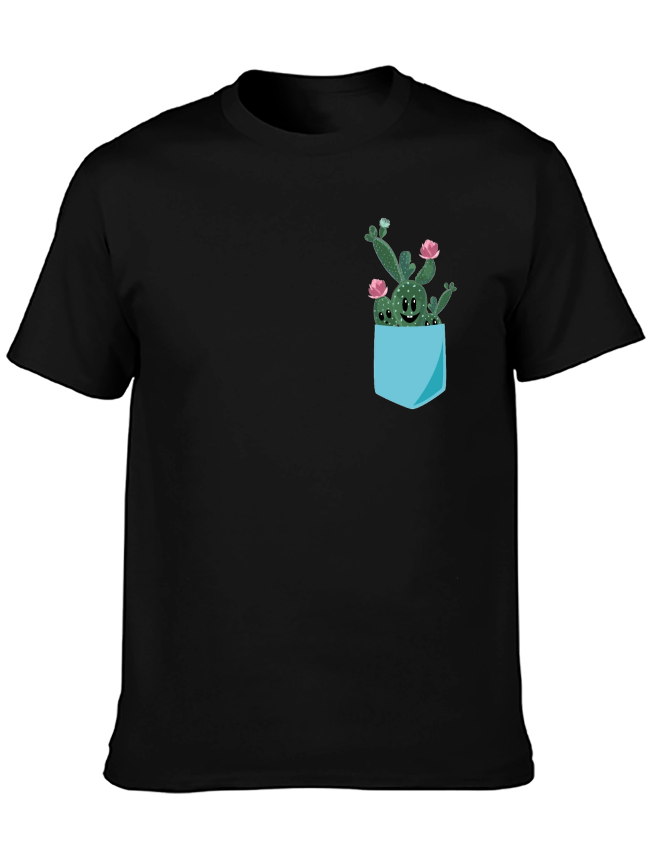 Cute Cactus Pocket Black T-Shirt