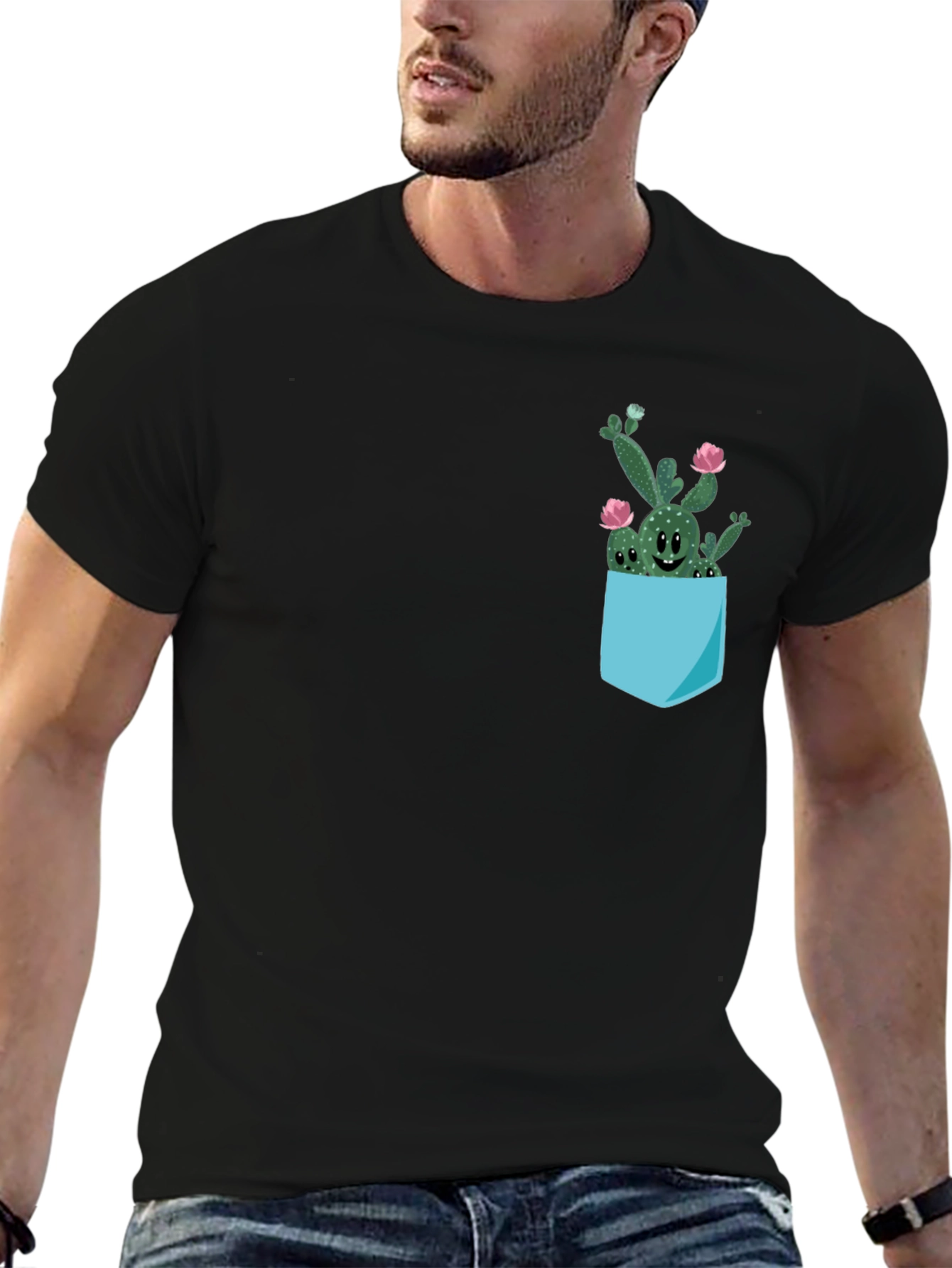 Cute Cactus Pocket Black T-Shirt