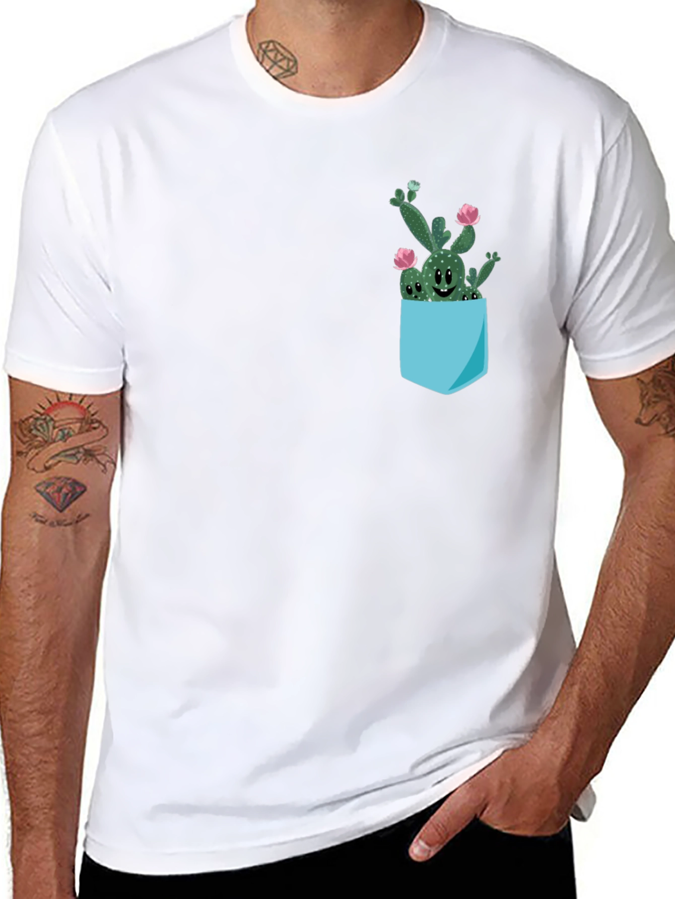 Cute Cactus Pocket Black T-Shirt