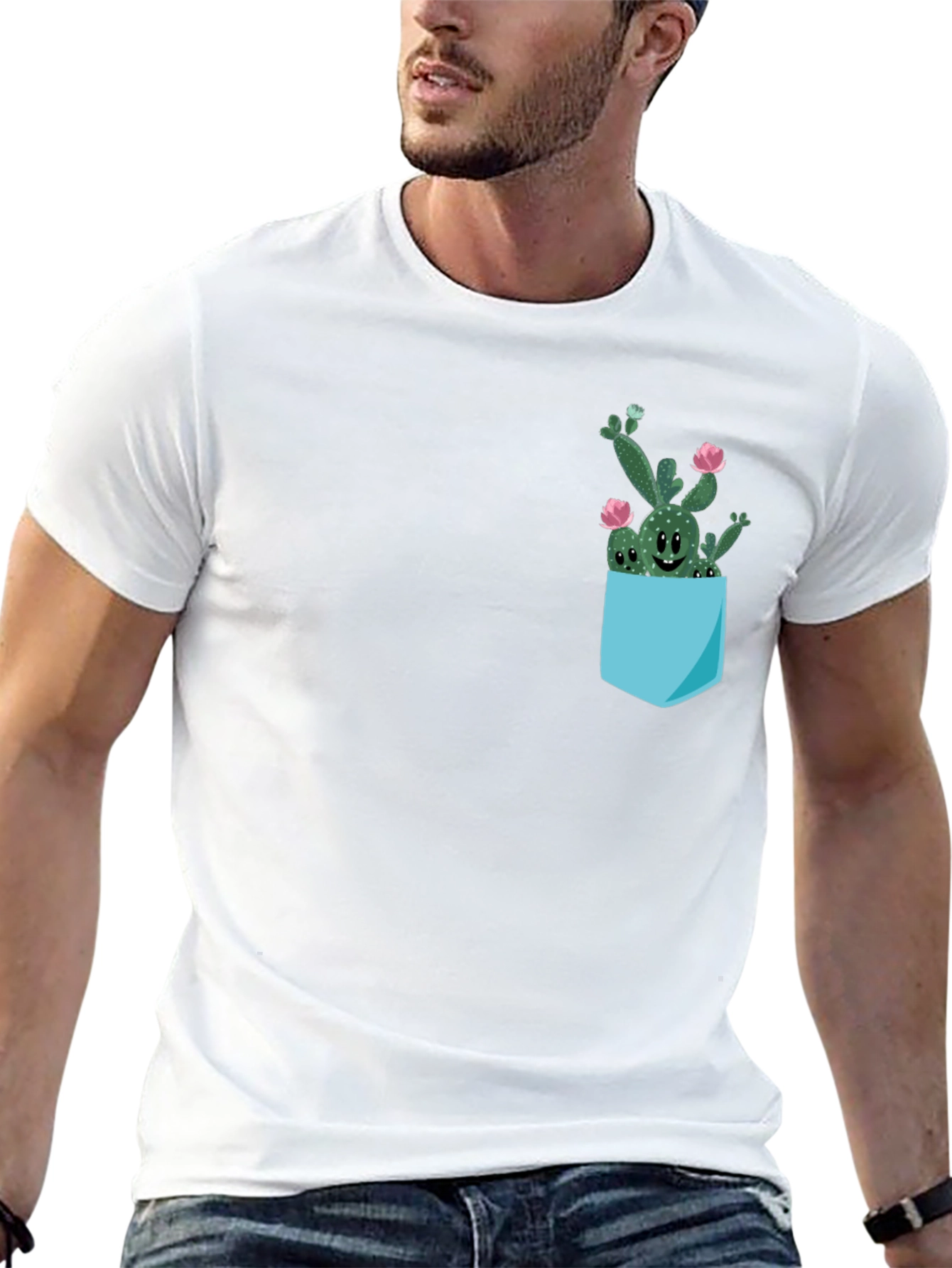 Cute Cactus Pocket Black T-Shirt