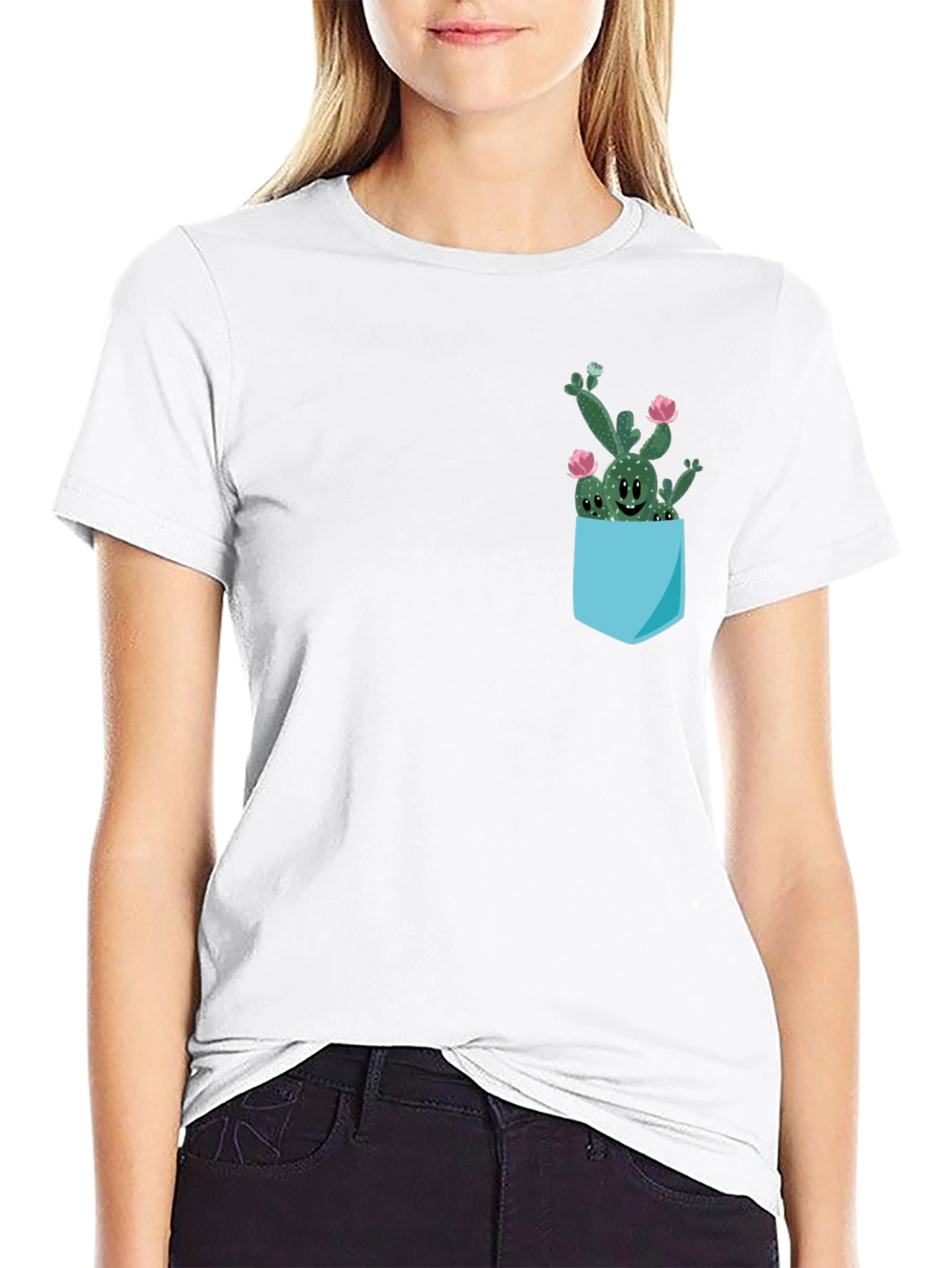 Cute Cactus Pocket Black T-Shirt